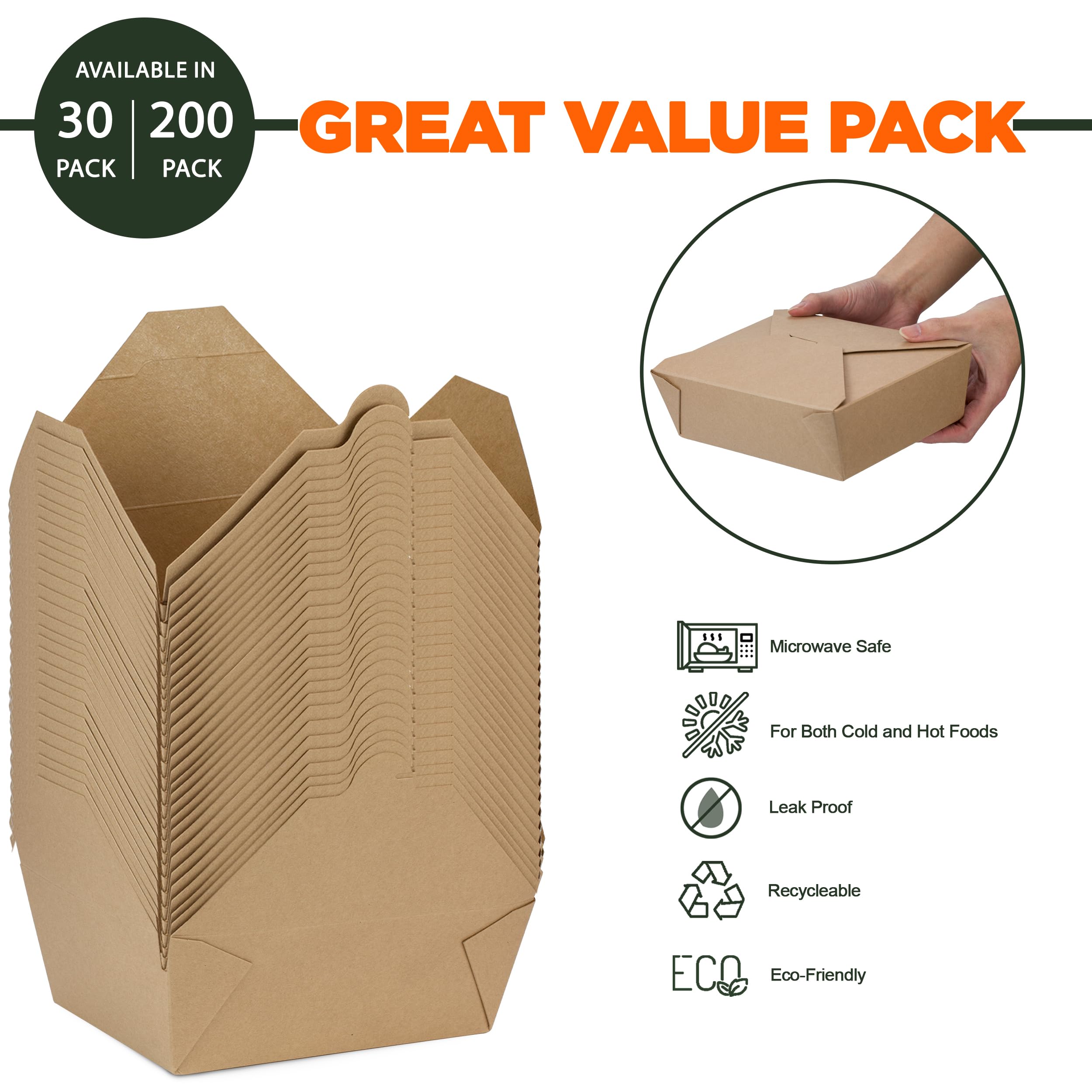 200 Pack 76 oz Disposable Kraft Paper Takeout Containers - Microwave Safe, Leakproof & Greaseproof Food Storage Boxes for Restaurants, Catering & Meal Prep | Perfect for Takeout, Leftovers & Food Delivery Services