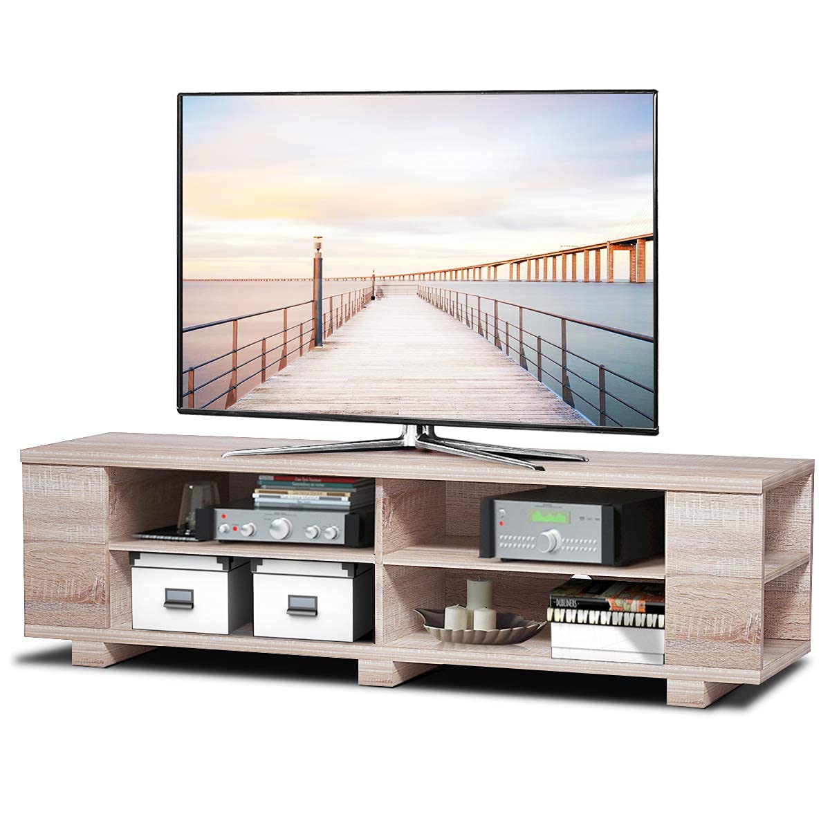 Modern Wood TV Stand for 65-Inch TVs - Universal Entertainment Center with 8 Open Storage Shelves - Stylish Living Room Furniture for TV, Gaming & Media Storage (Natural Wood Finish)