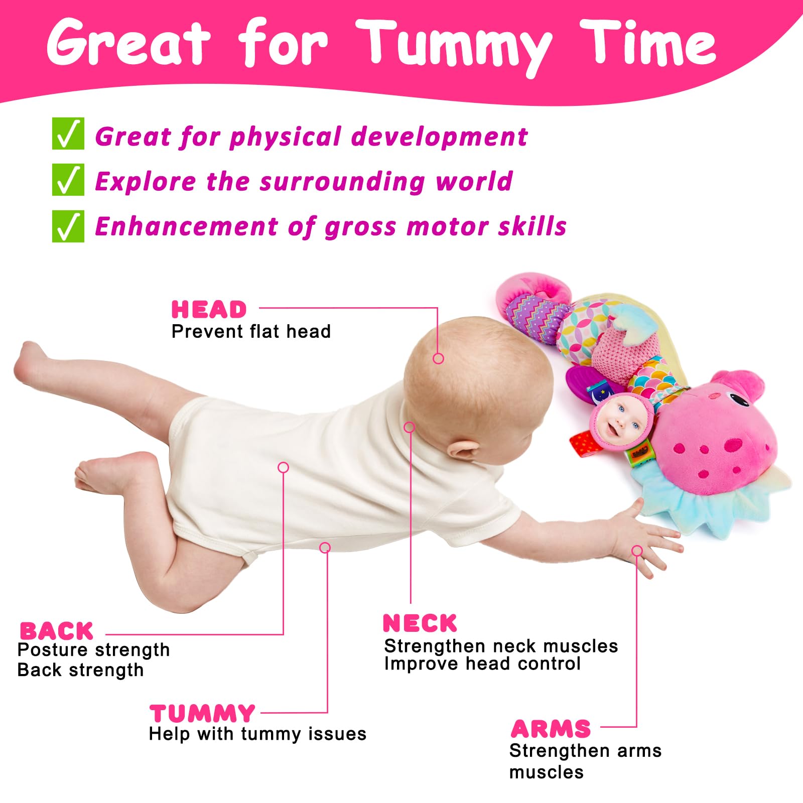 Soft Plush Baby Toys with Mirror, Rattle & Crinkle - Sensory Stuffed Animals for Newborns 0-12 Months | Teething & Developmental Toys for Infant Girls & Boys | Perfect for Tummy Time, Crib Play & Early Learning