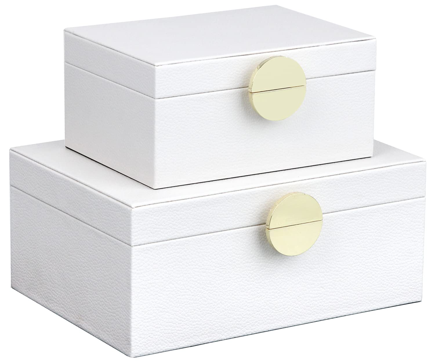 HofferRuffer Faux Leather Jewelry Box Set of 2 - White Vegan Leather Storage Organizer with Gold Hardware for Necklaces, Rings & Accessories - Perfect for Bedroom, Dresser & Gift Giving