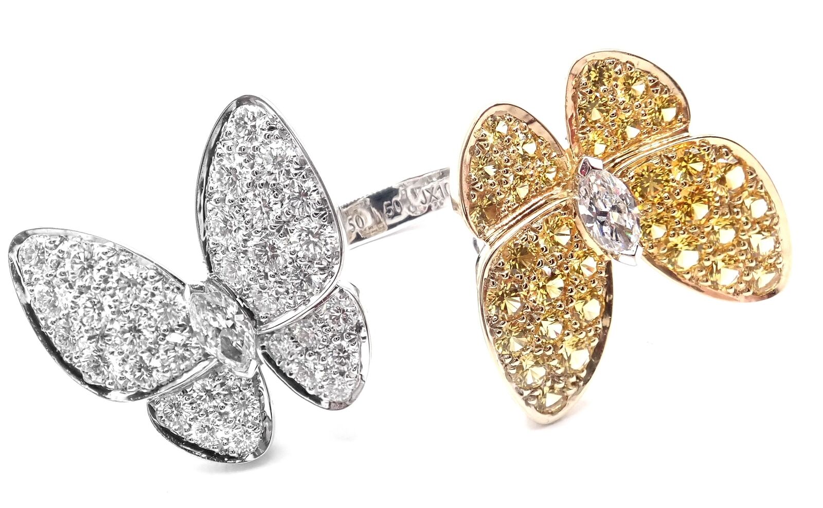 Van Cleef & Arpels 18k Gold Diamond Sapphire Two Butterfly Between Finger Ring - Luxury Stackable Ring for Women, Elegant Jewelry Gift for Anniversary & Special Occasions
