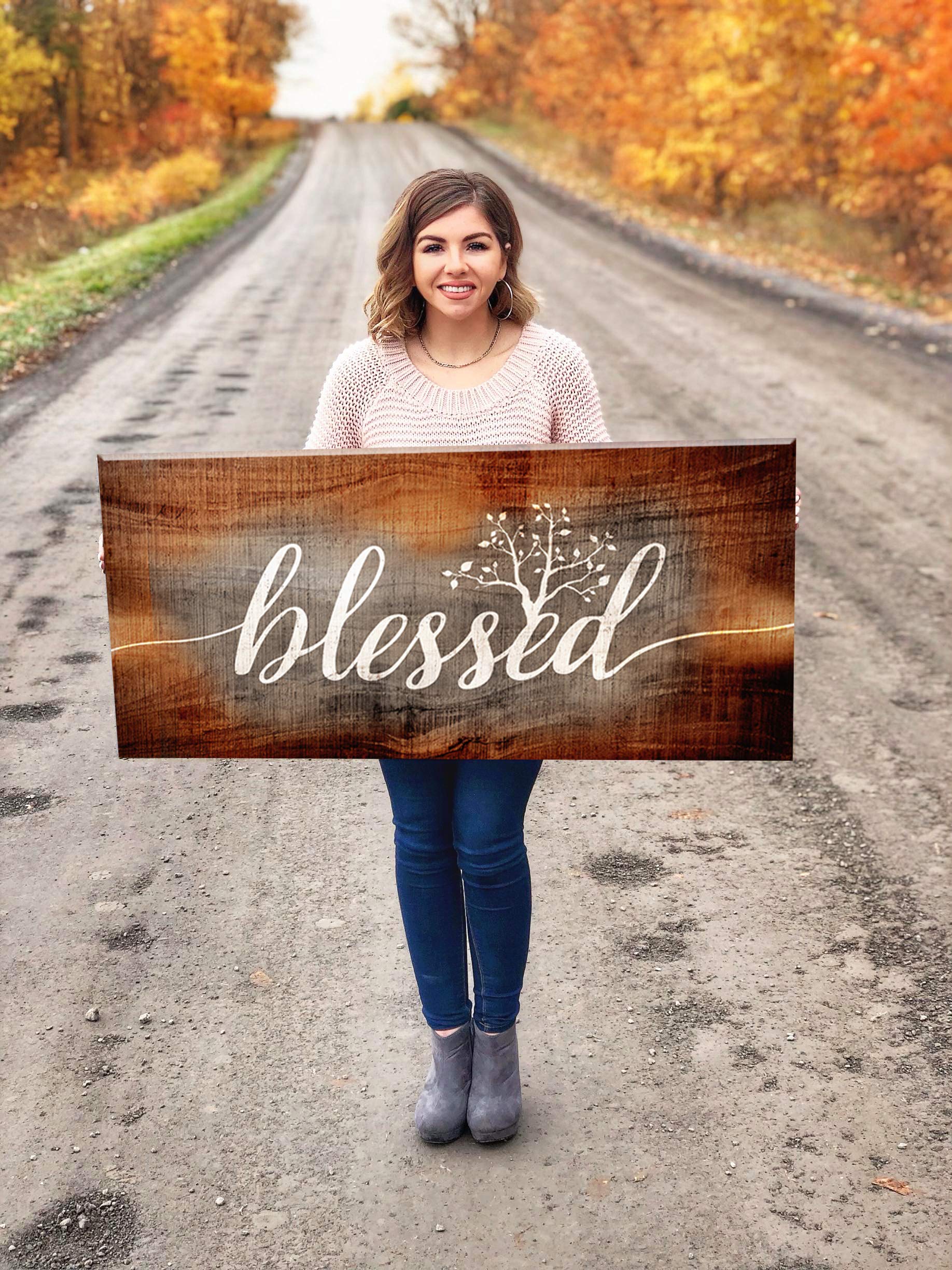 Christian Wall Art - Blessed Sign & Thankful Quotes Religious Home Decor | 42x19 Inch Brown Wooden Plaque | Perfect for Living Room, Bedroom & Church Decor