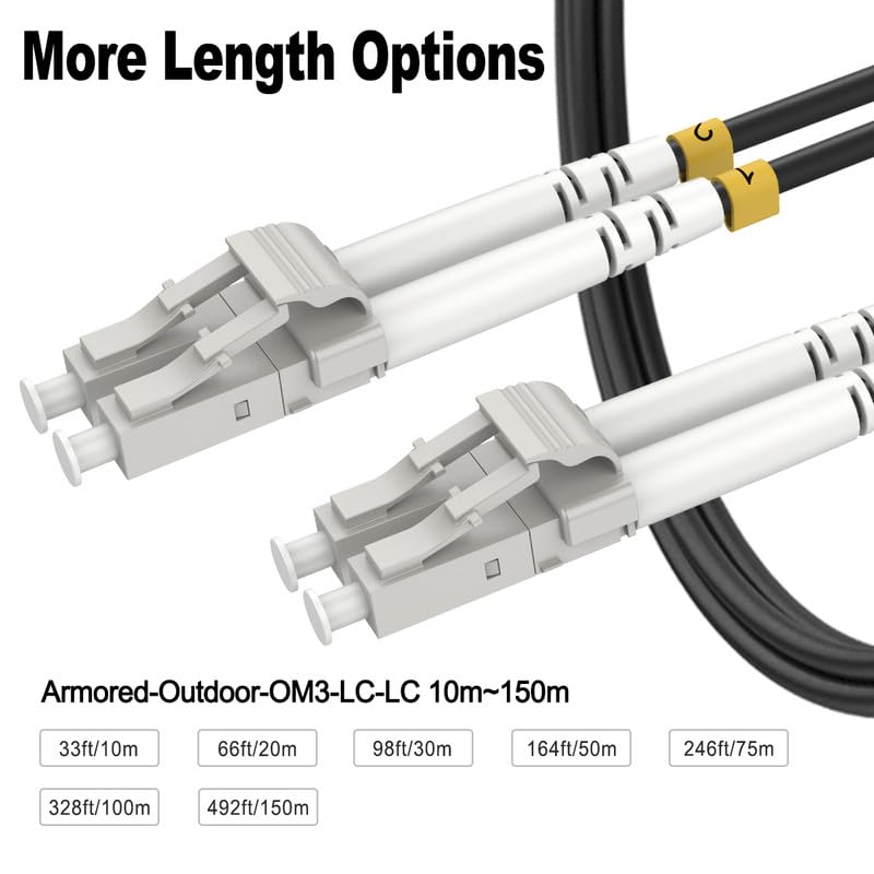 500ft/150m OM3 LC to LC Armored Fiber Optic Patch Cable - Multimode 50/125um, 10G/40G Duplex, LSZH Black - Ideal for Data Centers, Server Rooms & Outdoor Networking