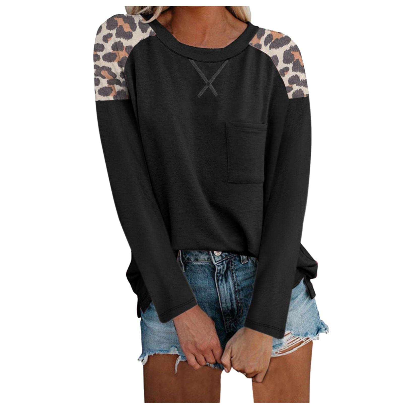 Plus Size Women's Leopard Print Long Sleeve Crewneck Tunic Top - Color Block Blouse for Casual Wear, Office & Date Night Outfits