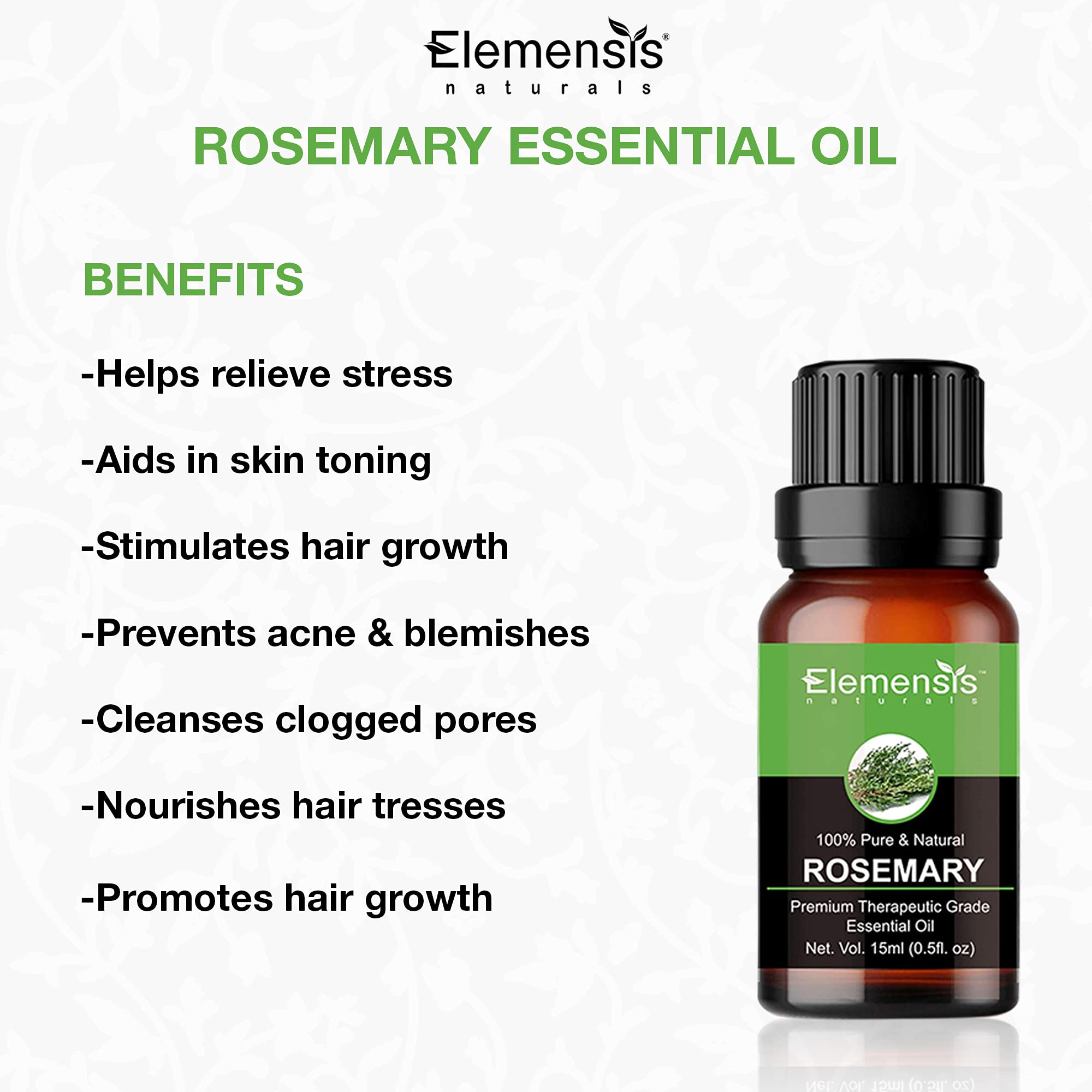 Elemensis Naturals Pure Rosemary Essential Oil for Hair Growth, Skin Care & Aromatherapy - 100% Natural Therapeutic Grade, 15ml - Promotes Healthy Hair, Glowing Skin & Relaxation at Home or Spa
