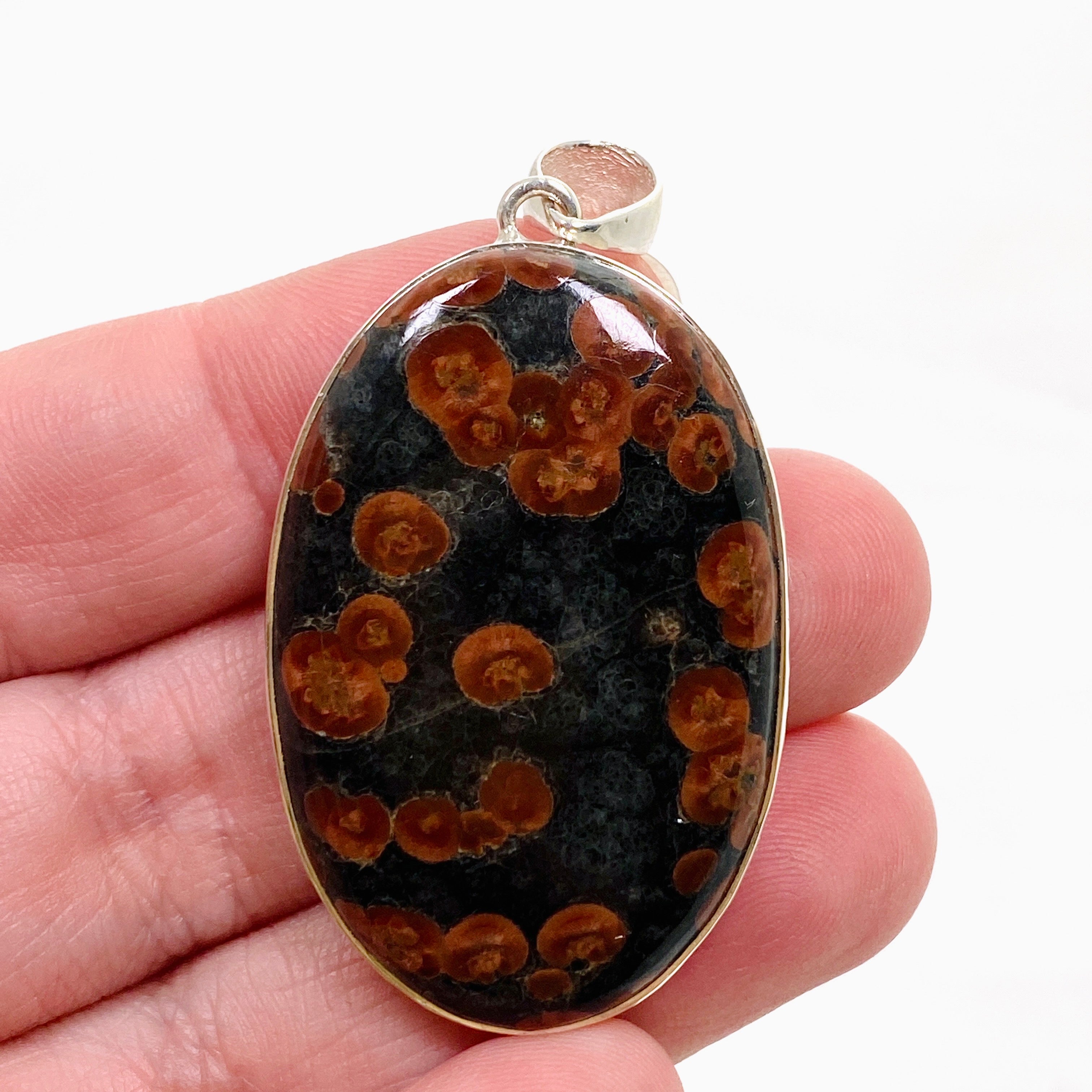 Natural Peanut Obsidian Perlite Oval Cabochon Pendant with Hammered Silver Setting KPGJ4769 - Elegant Handmade Jewelry for Women, Perfect for Gifts & Spiritual Healing