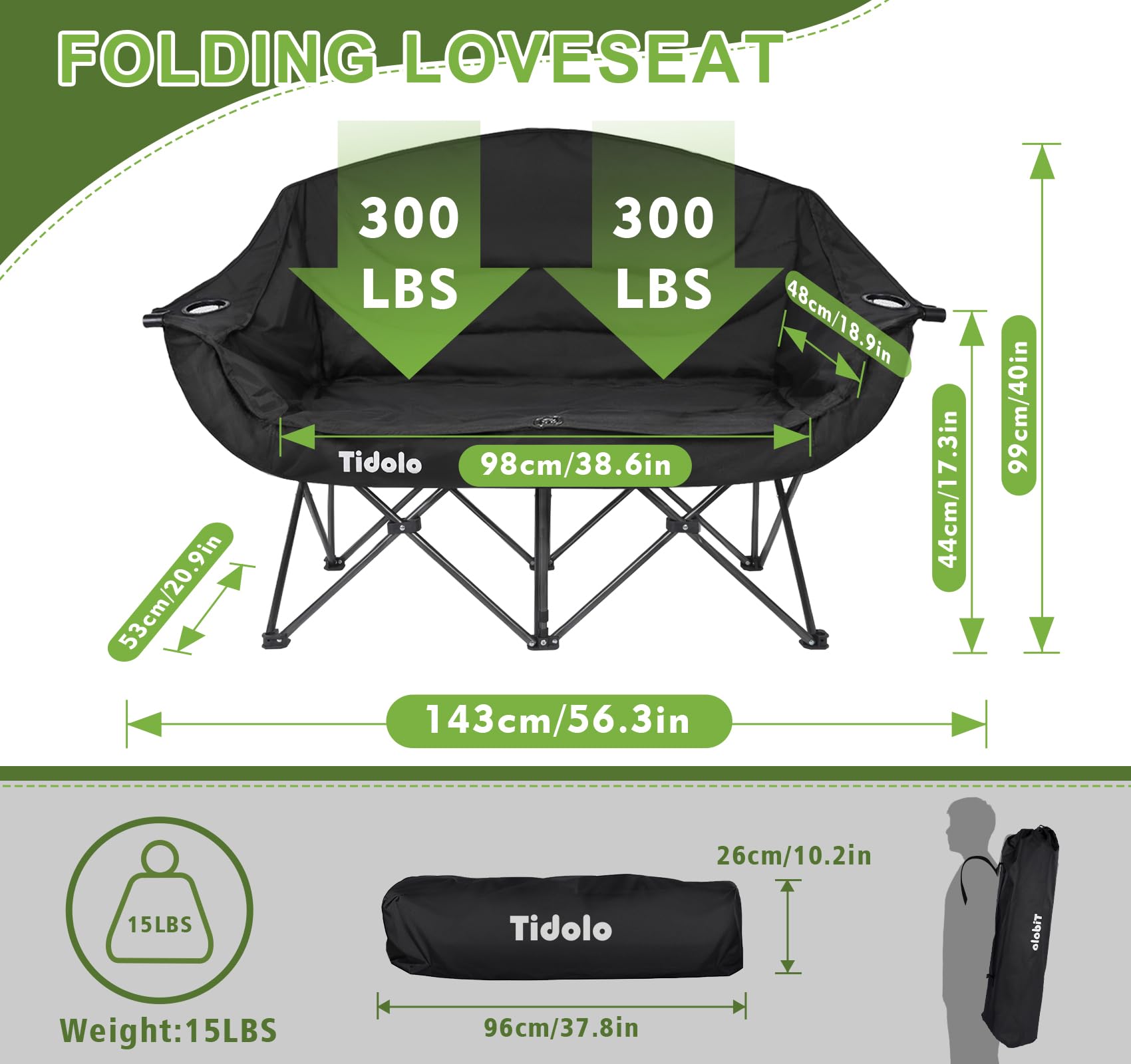 **2-Person Oversized Padded Folding Camping Chair for Adults – Heavy Duty 600LB Capacity, Double Loveseat with Cup & Wine Glass Holders – Perfect for Outdoor Camping, Picnics, Beach & Backyard Relaxation**