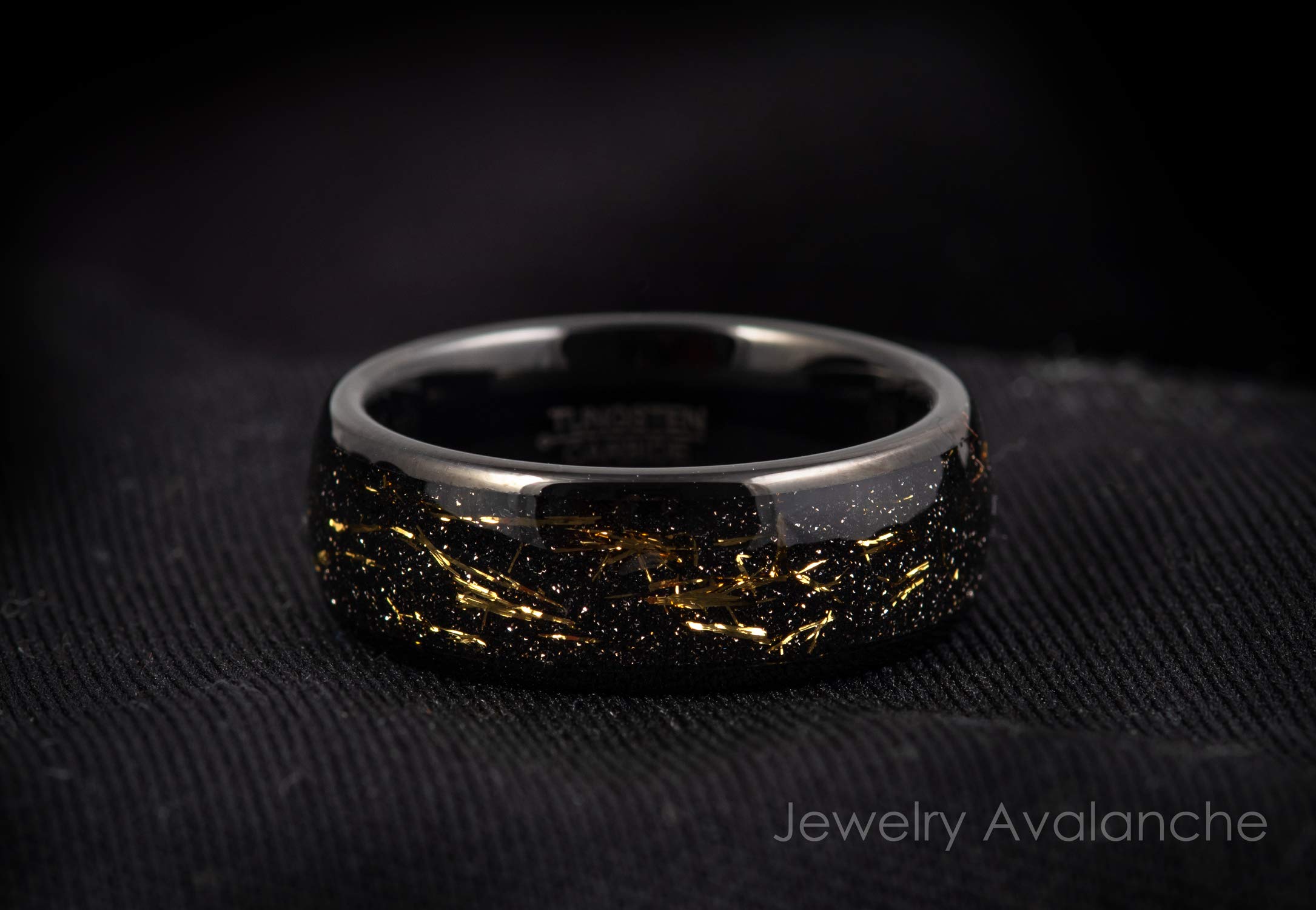 8mm Black Tungsten Wedding Band for Men with Yellow Meteorite Inlay - Comfort Fit Dome Engagement Ring - Perfect for Weddings, Anniversaries & Special Occasions