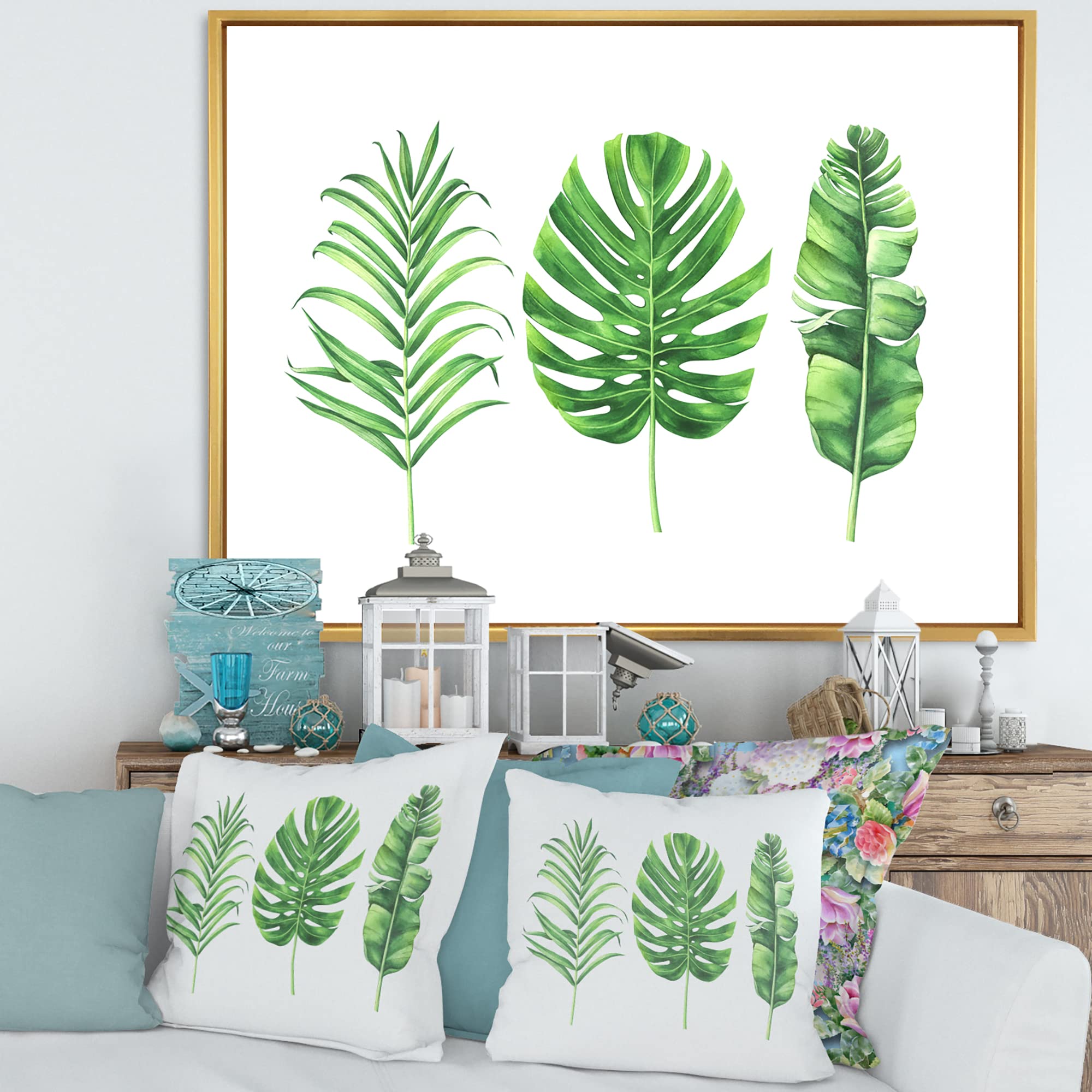 Farmhouse Tropical Monstera Leaf Framed Canvas Wall Art Print - Botanical Home Decor for Living Room, Bedroom & Office