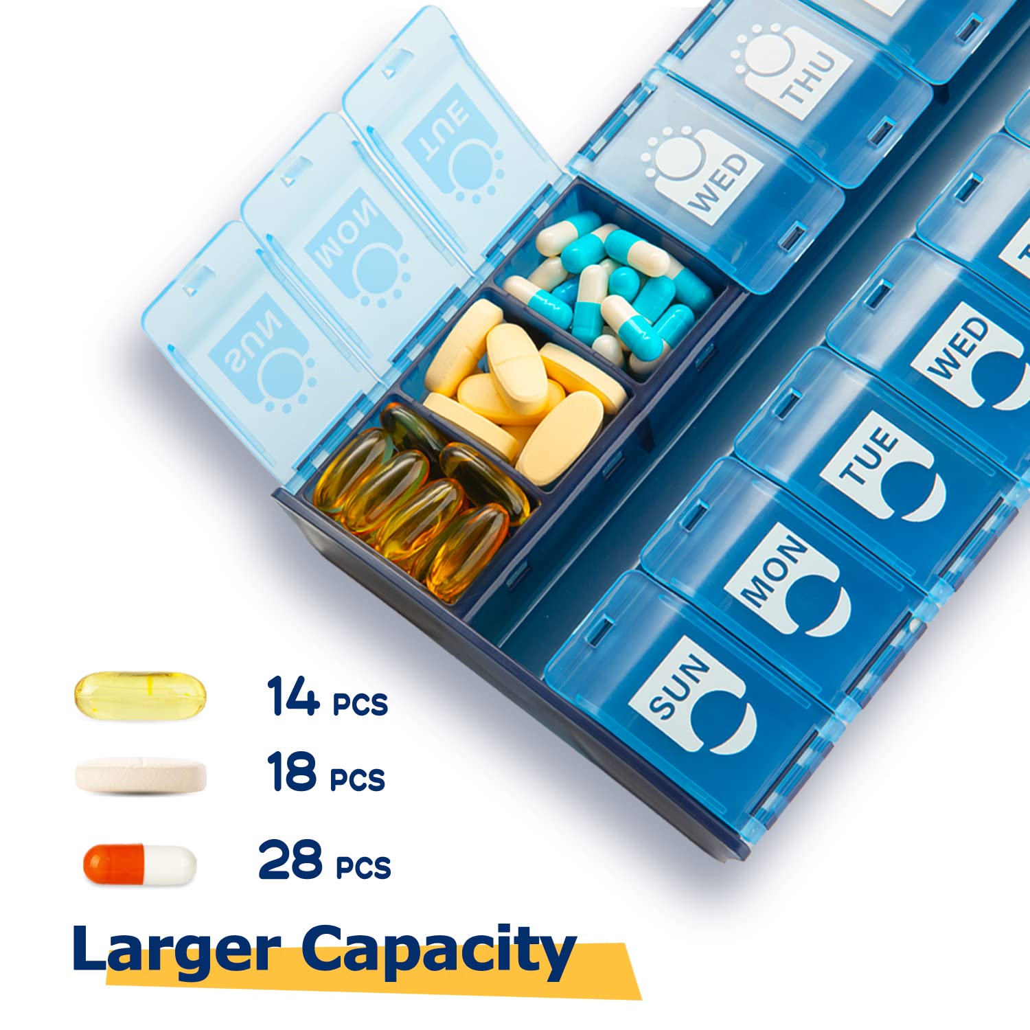 XL Large Weekly Pill Organizer - 2 Times a Day AM/PM - 7 Day Vitamin & Medication Box with Hinged Lids - Big Pill Container for Daily Supplements - Perfect for Travel, Home & Elderly Care