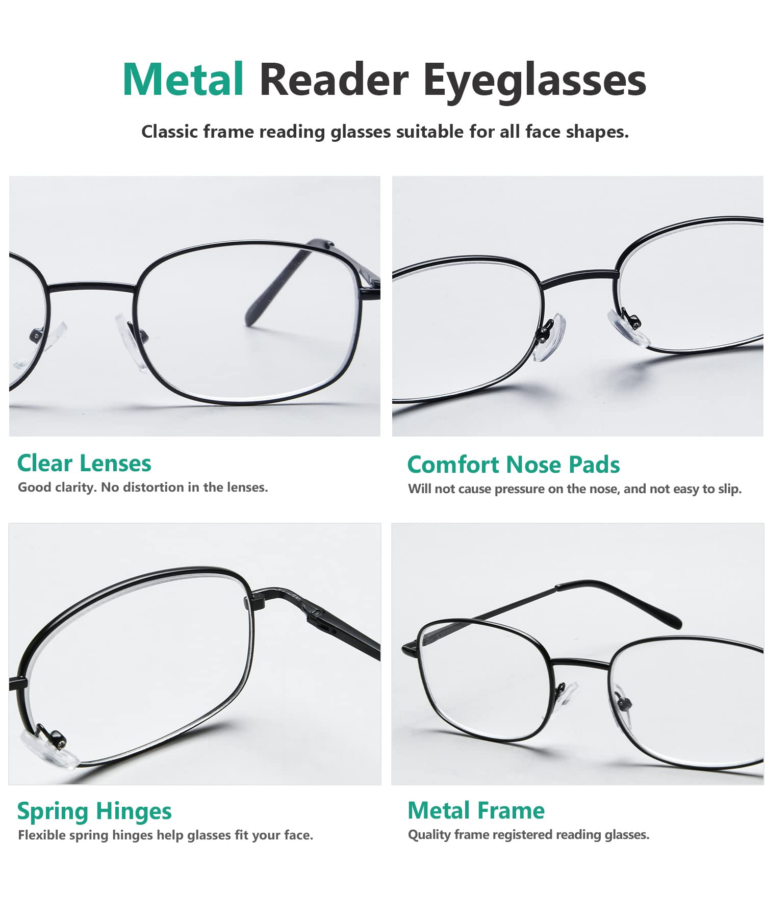 Eyekepper 4 Pairs Reading Glasses - Lightweight Metal Frame Readers with Spring Hinges for Men & Women - Perfect for Reading Books, Using Phones & Computer Work