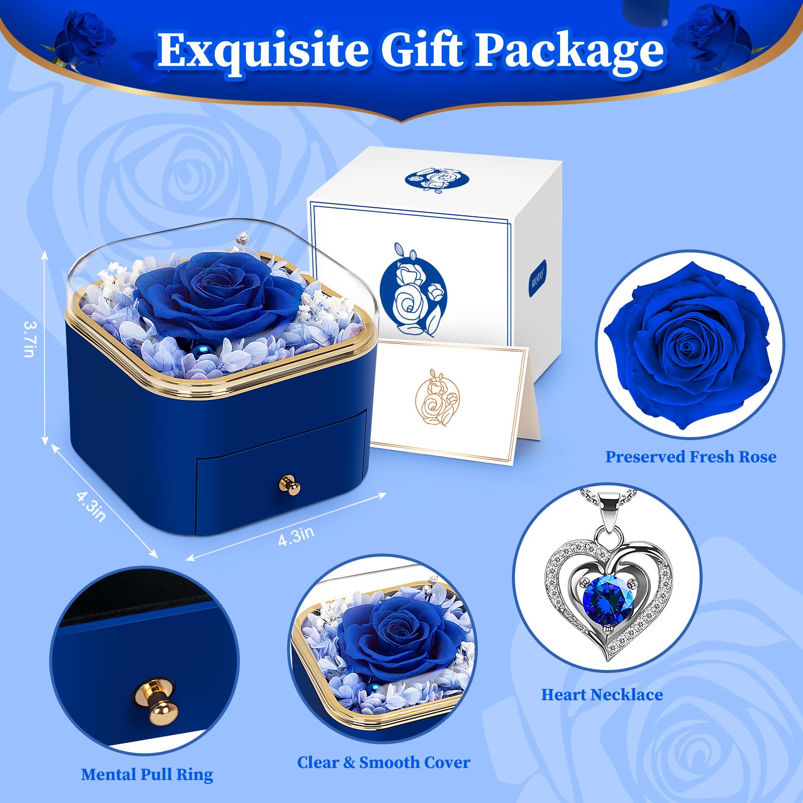 Real Preserved Rose with Heart Necklace - Romantic Eternal Flower Gift for Women, Girlfriend, Wife, Mom, Grandma - Birthday, Anniversary, Christmas Present - Perfect for Special Occasions & Keepsake (Blue)