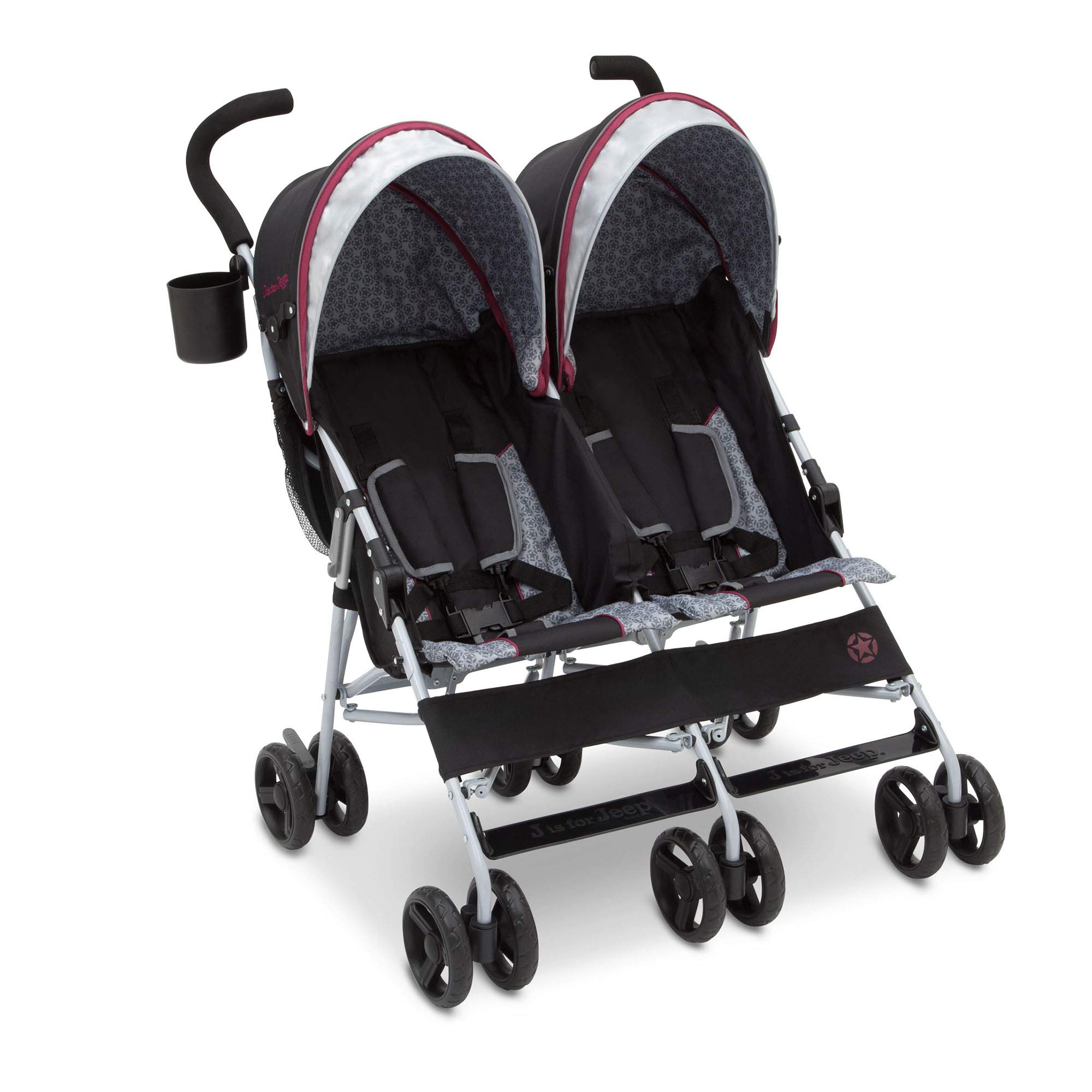 Jeep Scout Double Stroller for Toddlers - Lightweight Side by Side Baby Stroller with Canopy & Storage Basket, Lunar Burgundy - Perfect for Twins, Siblings or Daycare Use at Parks, Malls & Outdoor Adventures