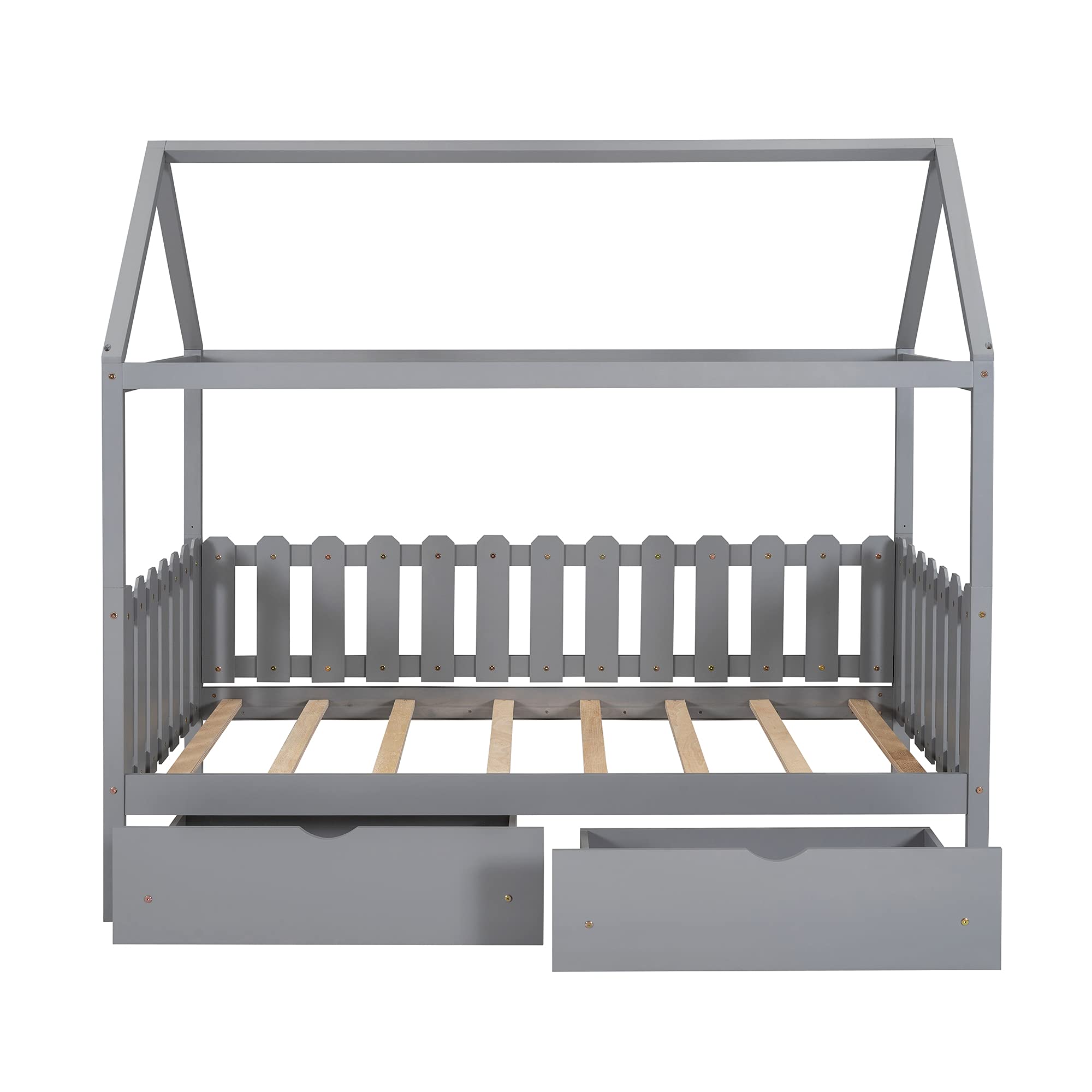 Modern Twin Size Wood House Platform Bed with 6 Drawers - Low Floor Daybed with Fence-Shaped Guardrail, No Box Spring Needed Sofa Bed (Gray) - Perfect for Small Spaces, Kids Rooms & Guest Bedrooms