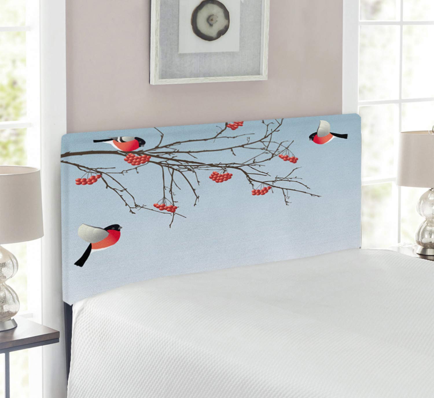 Ambesonne Rowan Upholstered Headboard - Winter Themed Bullfinch Birds Design with Memory Foam | Twin Size Dark Brown & Pale Blue | Perfect for Bedroom Decor & Guest Room Upgrade
