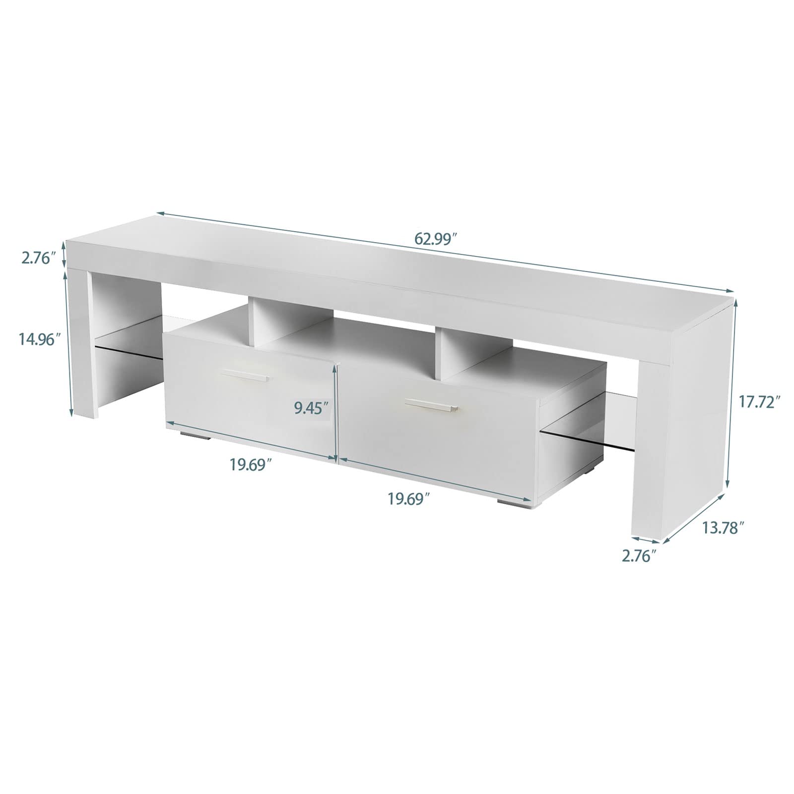 Modern LED TV Stand with 20-Color Remote Control Lights - High Gloss 70 Inch Entertainment Center with Storage Shelves & 2 Drawers - Living Room TV Cabinet for Home Theater & Gaming Setup (White)
