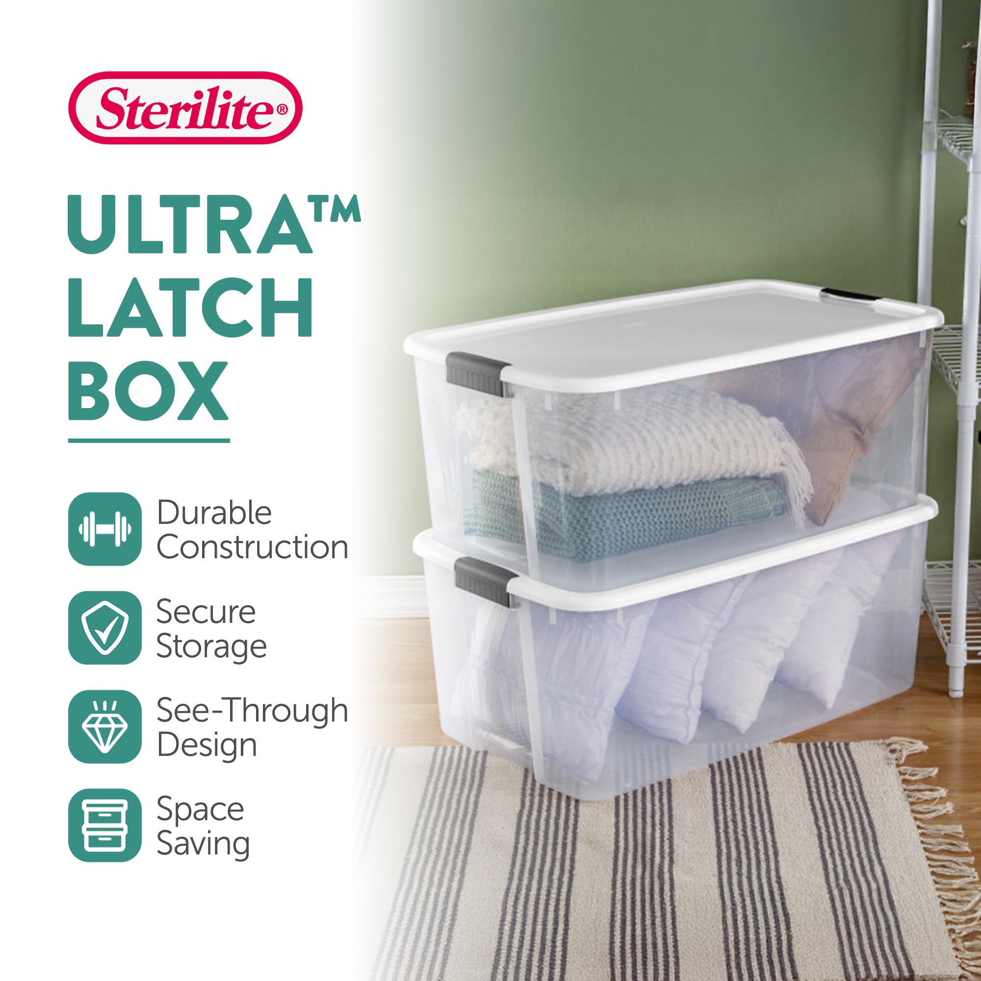 Sterilite 12-Pack 116 Quart Ultra Latching Storage Boxes - Stackable Clear Plastic Bins for Clothes, Toys & Home Organization - Perfect for Closet, Garage & Seasonal Storage