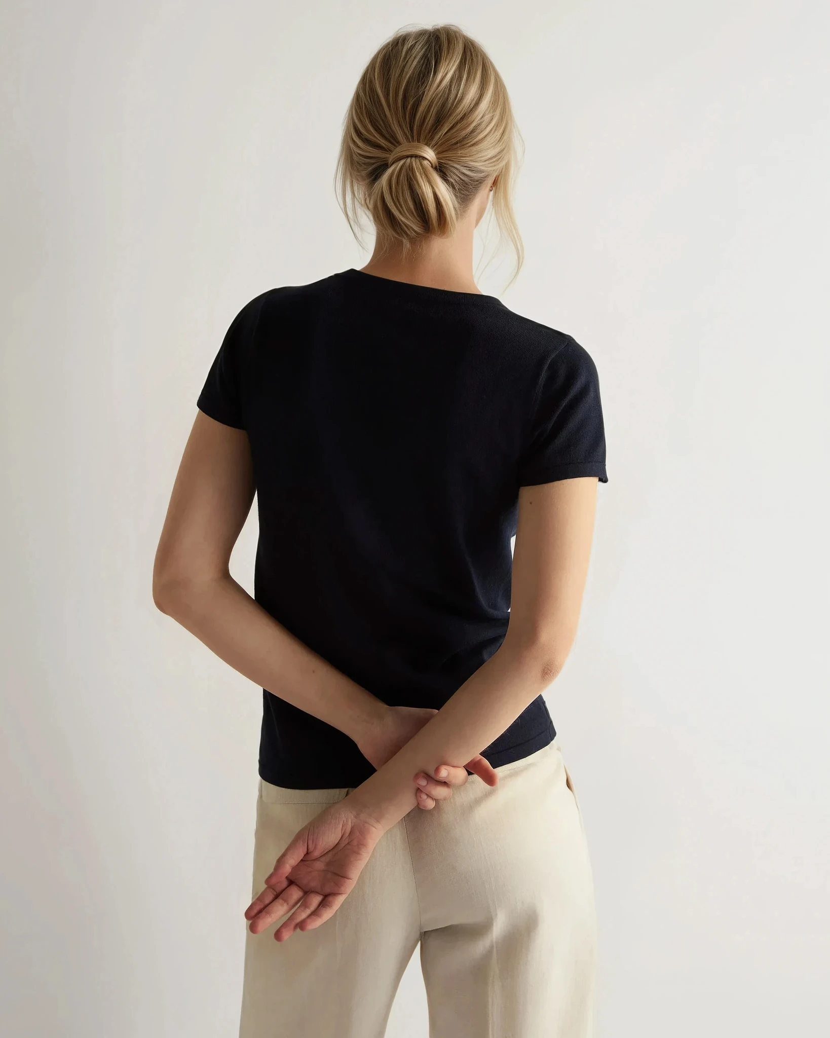 Premium Women's Cotton Cashmere Silk Blend T-Shirt - Navy Blue Crew Neck Short Sleeve Top for Casual Wear & Layering