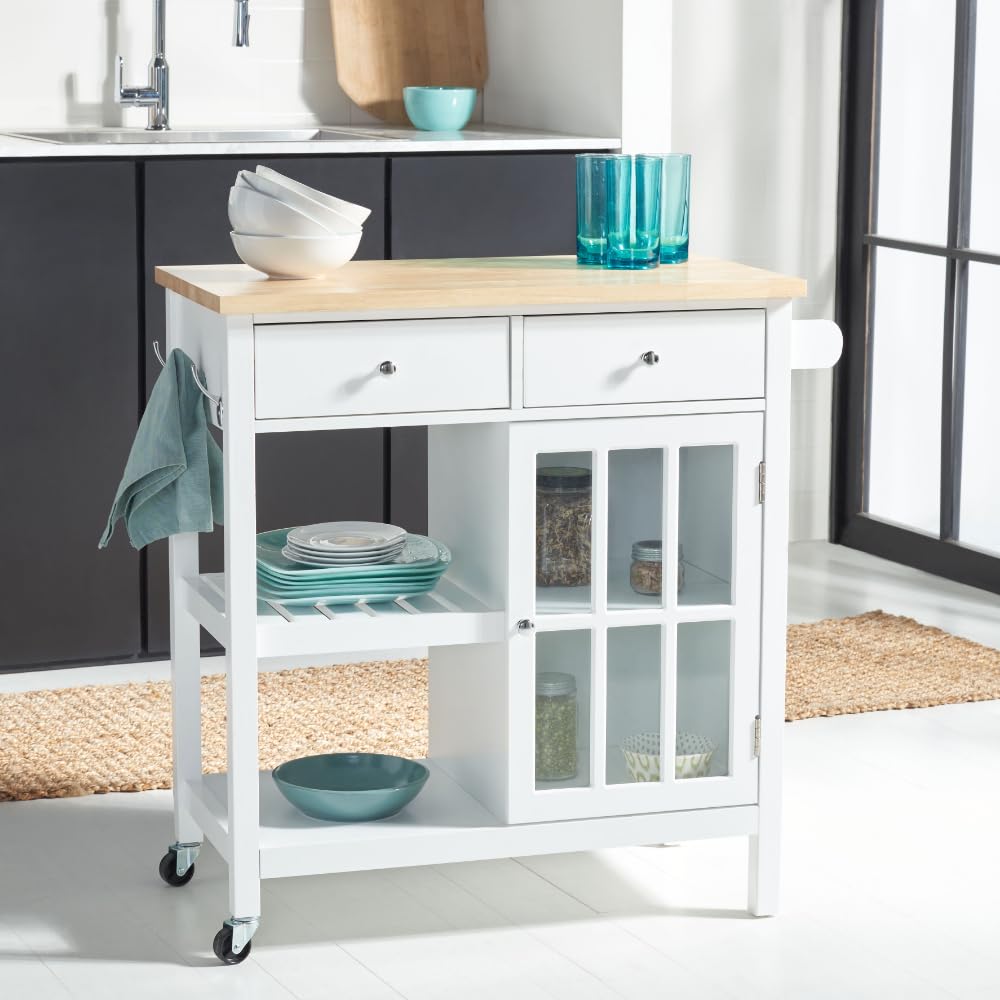 SAFAVIEH Locklyn White/Natural 2-Drawer Rolling Kitchen Cart with Wheels - Mobile Storage Trolley for Small Spaces, Pantry Organization & Kitchen Island Extension
