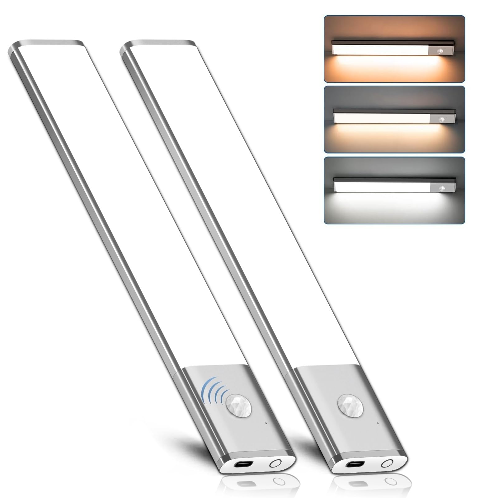 2 Pack Under Cabinet LED Lights with Motion Sensor - 46 LED Wireless Rechargeable Battery Operated Light Strips for Kitchen, Wardrobe, Closet, Cupboard | Indoor Magnetic Lighting for Easy Installation & Energy Saving