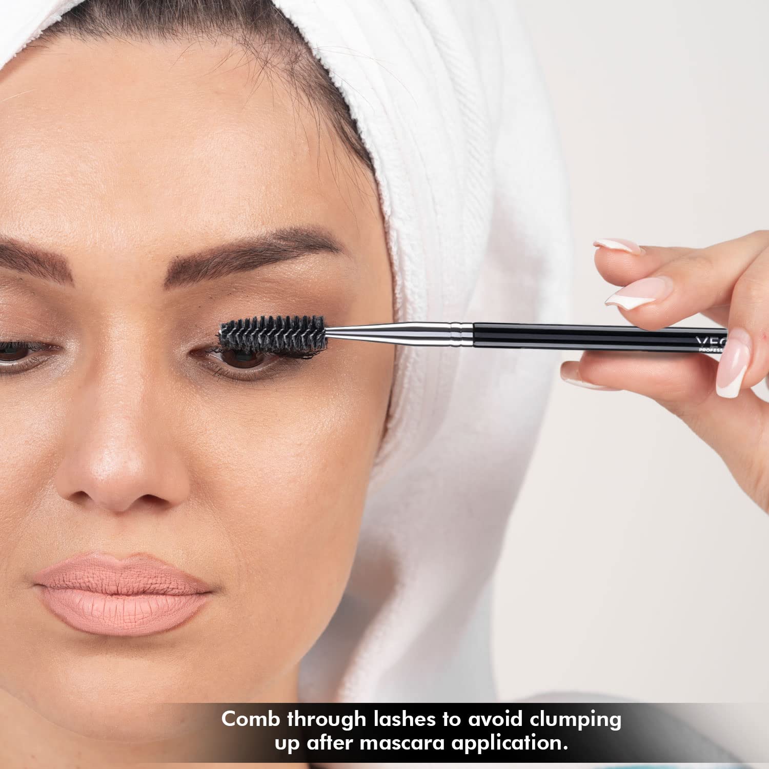 VEGA PROFESSIONAL Mascara Brush with Soft Bristles & Wooden Handle - VPPMB-27 Copper Furrele for Perfect Lash Application | Ideal for Makeup Artists & Home Beauty Routines