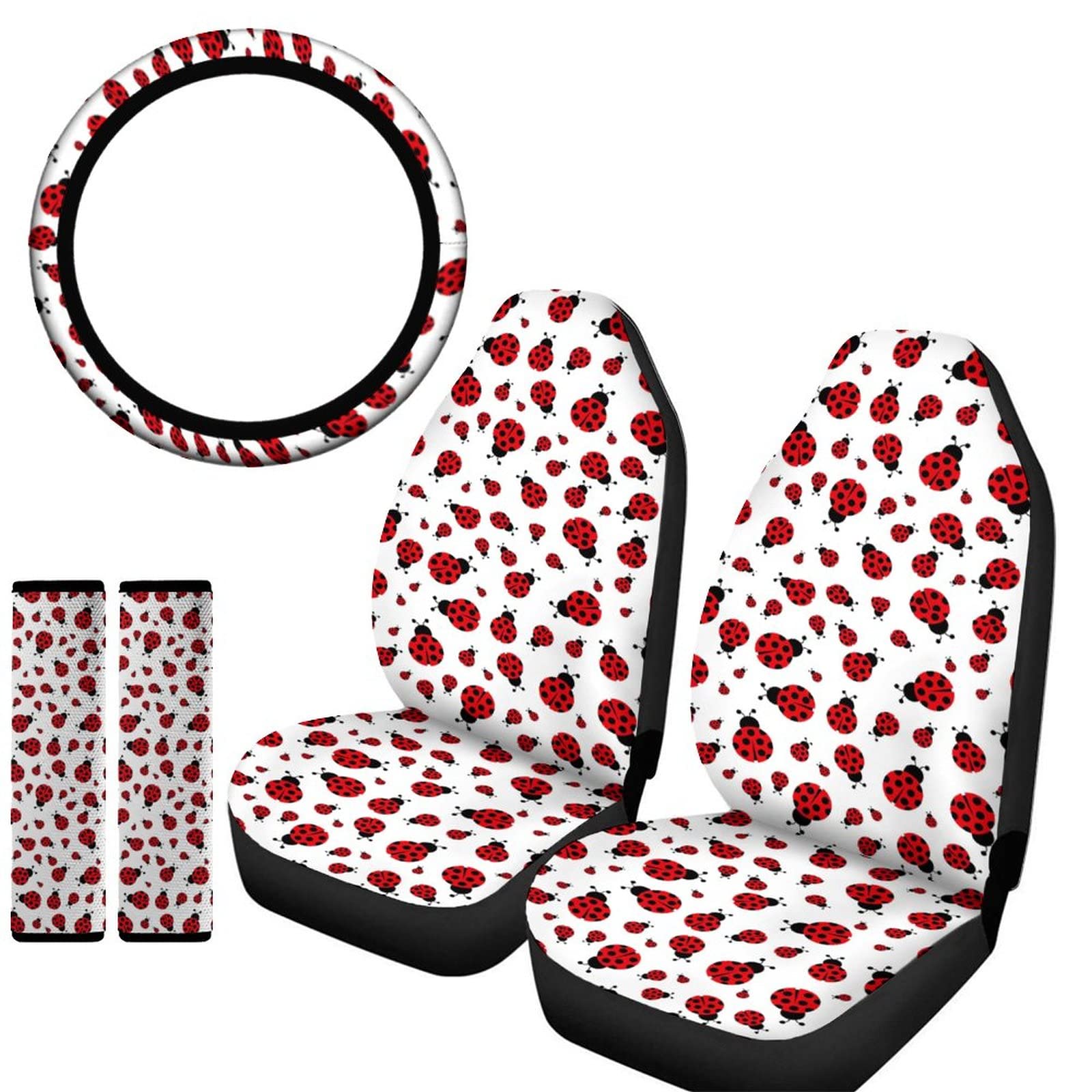 Stylish Red Ladybug Car Accessories Set for Women - 15 Inch Steering Wheel Cover, Front Seat Covers & Seatbelt Covers - Universal Fit for Cars, Trucks, Vans & SUVs - Perfect for Road Trips & Daily Commutes