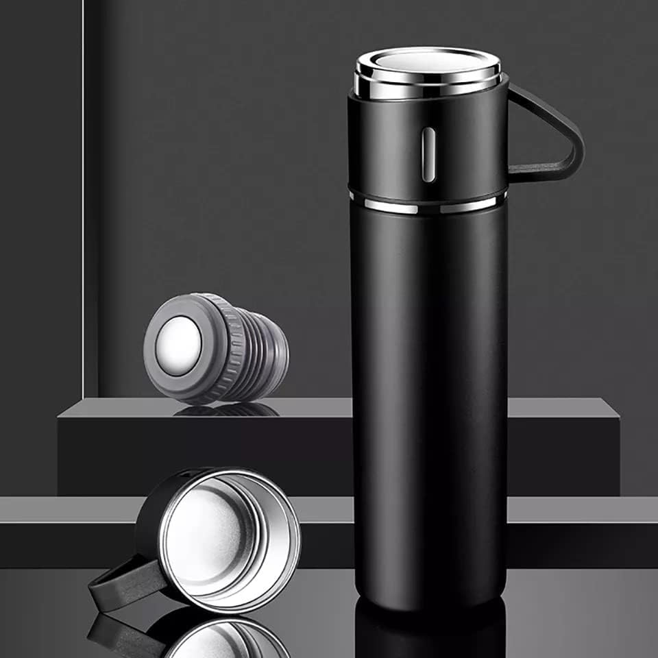 Premium Sambhua Stainless Steel Vacuum Insulated Water Bottle & Coffee Tumbler Set (500ml) - 3-Piece Hot & Cold Travel Mug Gift Box for Office, Gym, Hiking & Outdoor Activities | BPA-Free Black Thermal Flask