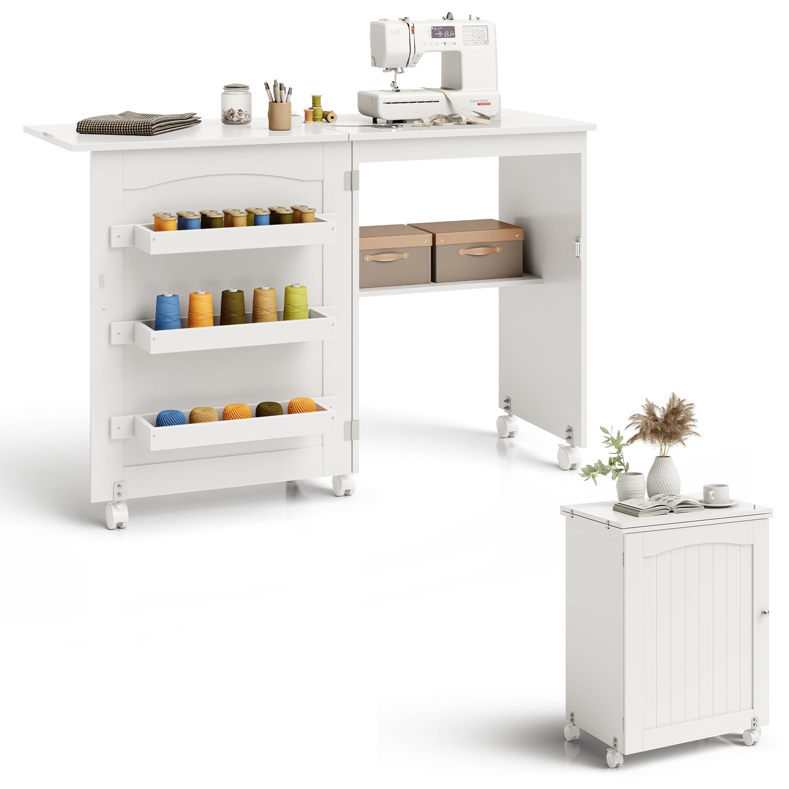 COSTWAY Folding Sewing Table with Lockable Wheels | Multipurpose Craft Station Desk & Display Cabinet with Storage Shelves | Rolling Sewing Machine Desk for Home & Apartment | Perfect for Quilting, DIY Projects & Small Space Organization (White)