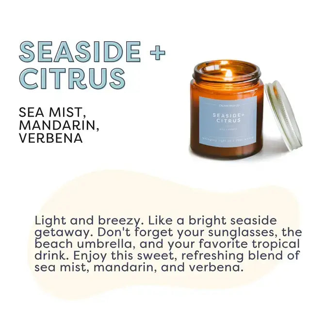 Seaside & Citrus Mini Soy Candle - 23 Hour Burn Time in Amber Jar, Refreshing Ocean Breeze Scent - Perfect for Relaxation, Spa Days & Home Decor