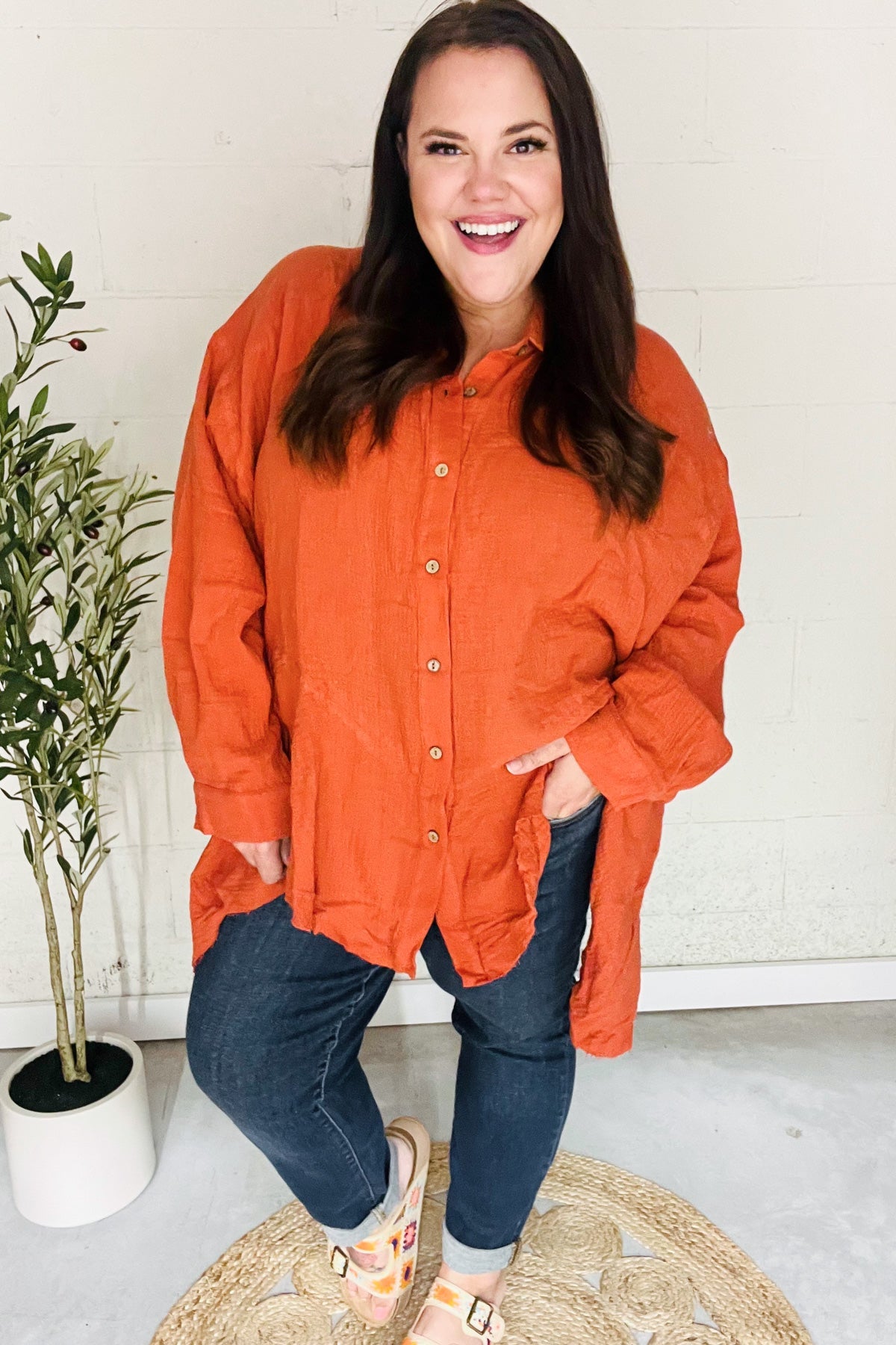 Stylish Rust Button Down Sharkbite Cotton Tunic Top for Women | Comfortable Everyday Wear | Perfect for Office, Casual Outings & Date Nights