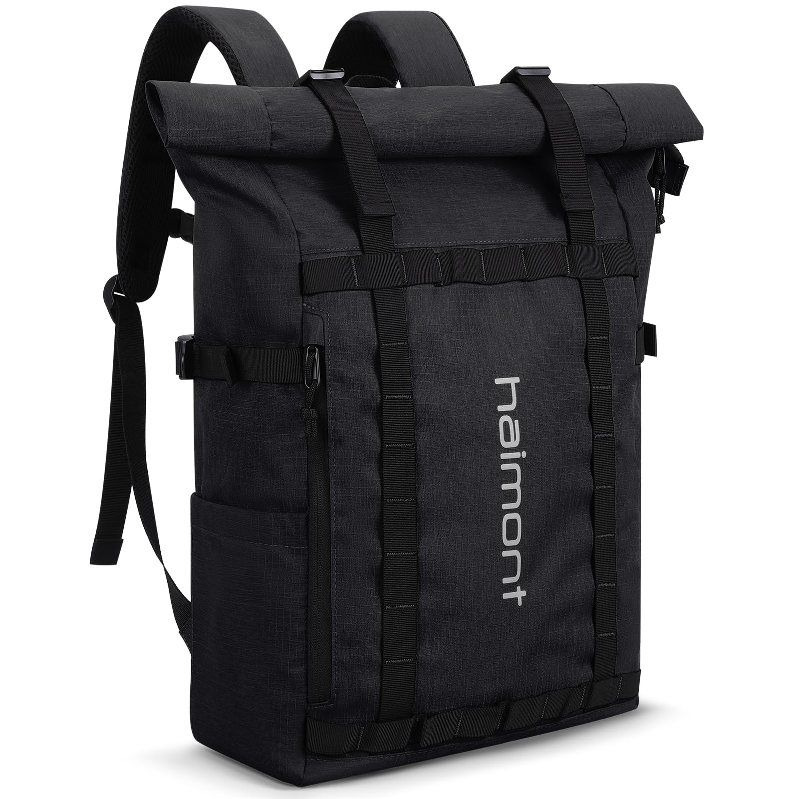 Haimont Water-Resistant 20L Rolltop Backpack for Men & Women - Lightweight Travel Backpack with Laptop Compartment for Work, Hiking, Commuting & Daily Use - Durable Carry-On Daypack (Black)