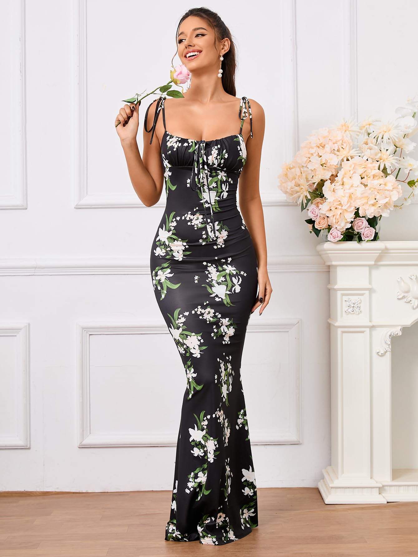 KUTUMAI Women's Floral Print Bodycon Maxi Dress - Spaghetti Strap Sleeveless Boho Long Dress for Summer Beach Party, Vacation & Date Night