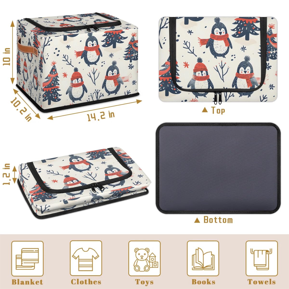 Winter Penguin Snow Storage Bins with Zipper Lid - 2pcs Stackable Storage Baskets with Metal Frame & PU Handles - Closet Organizer Cube for Clothes, Toys & Seasonal Items - Perfect for Bedroom, Nursery & Dorm Storage Solutions