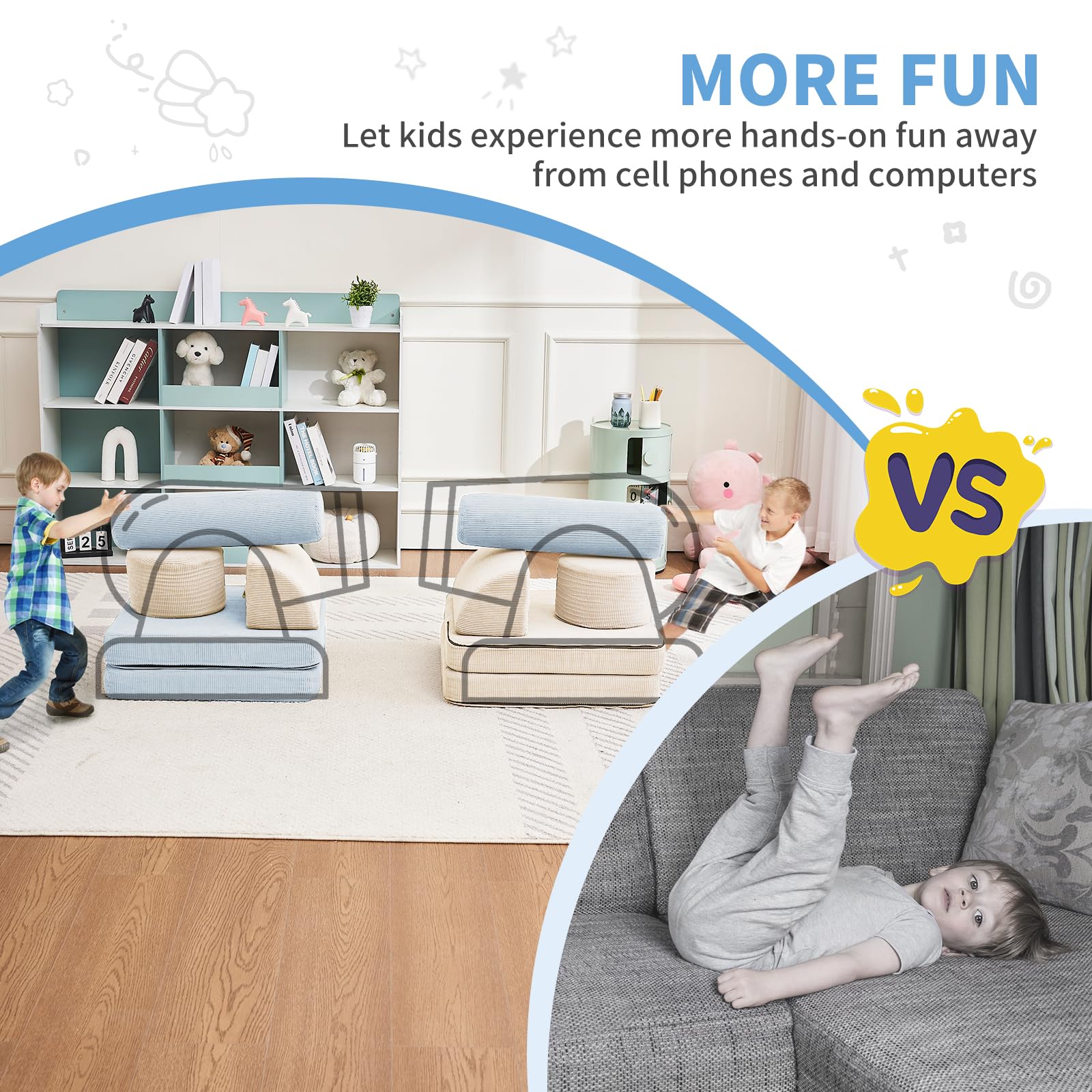 10PCS Modular Kids Play Couch Set - Soft Toddler Sofa for Boys & Girls - Playroom Furniture in Beige & Light Blue (Medium Size) - Perfect for Playtime, Reading Nook & Kids' Lounge Area