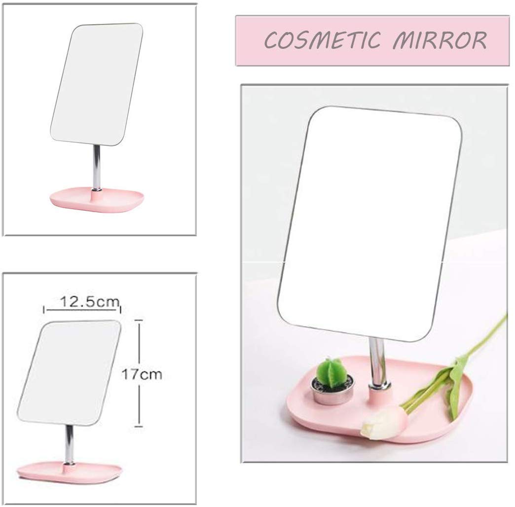 BIRMON Pink Metal Tabletop Vanity Mirror with Removable Handle - Frameless Rectangular Makeup Mirror for Dressing Table, Bathroom, and Bedroom