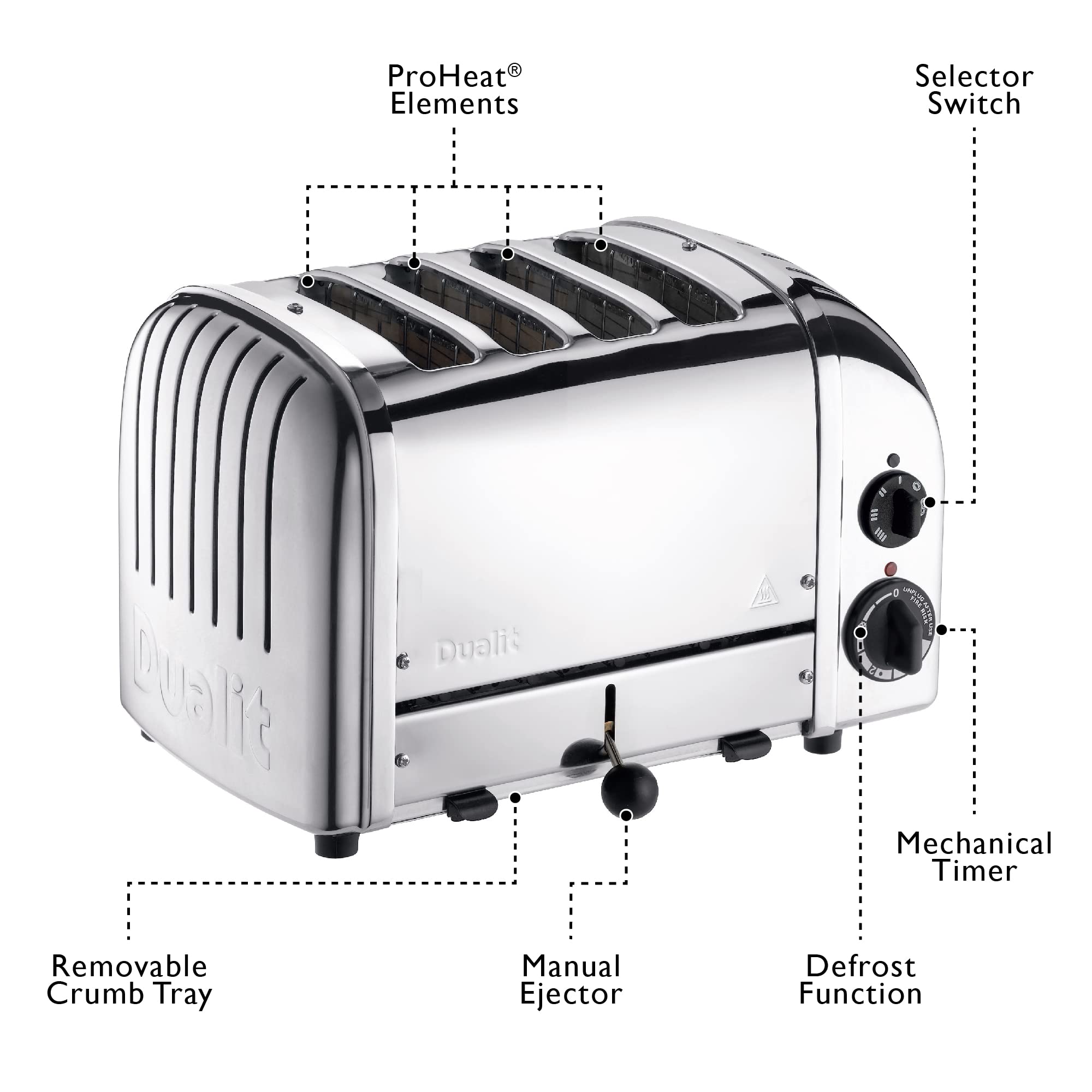 Dualit Classic 4-Slice NewGen Toaster - Stainless Steel, Handcrafted in UK - Replaceable ProHeat Elements - Defrost & Reheat Function - Mechanical Timer - Perfect for Breakfast, Brunch & Entertaining