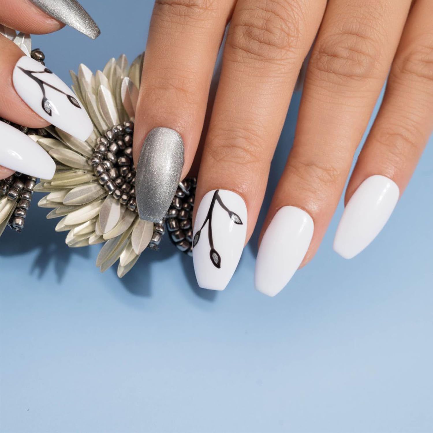 Premium Fake Press-On Nails - White & Grey Set of 20 | Reusable Full Coverage Artificial Nails with UV Gel Polish | Easy to Use Stick-On Nail Extensions for Both Hands | Perfect for Parties, Weddings, and Everyday Wear