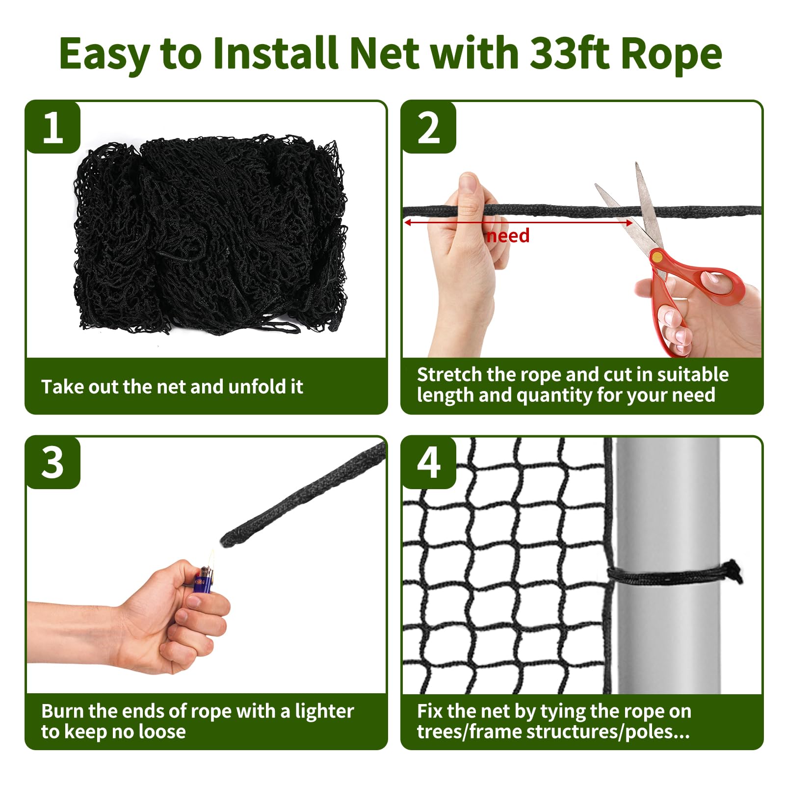 Heavy Duty NQB Baseball Softball Backstop Net - 33FT Rope & Steel Hanging Kit for Baseball, Basketball, Sports Training - Perfect for Backyard Practice, Field Protection, and Gymnasium Safety