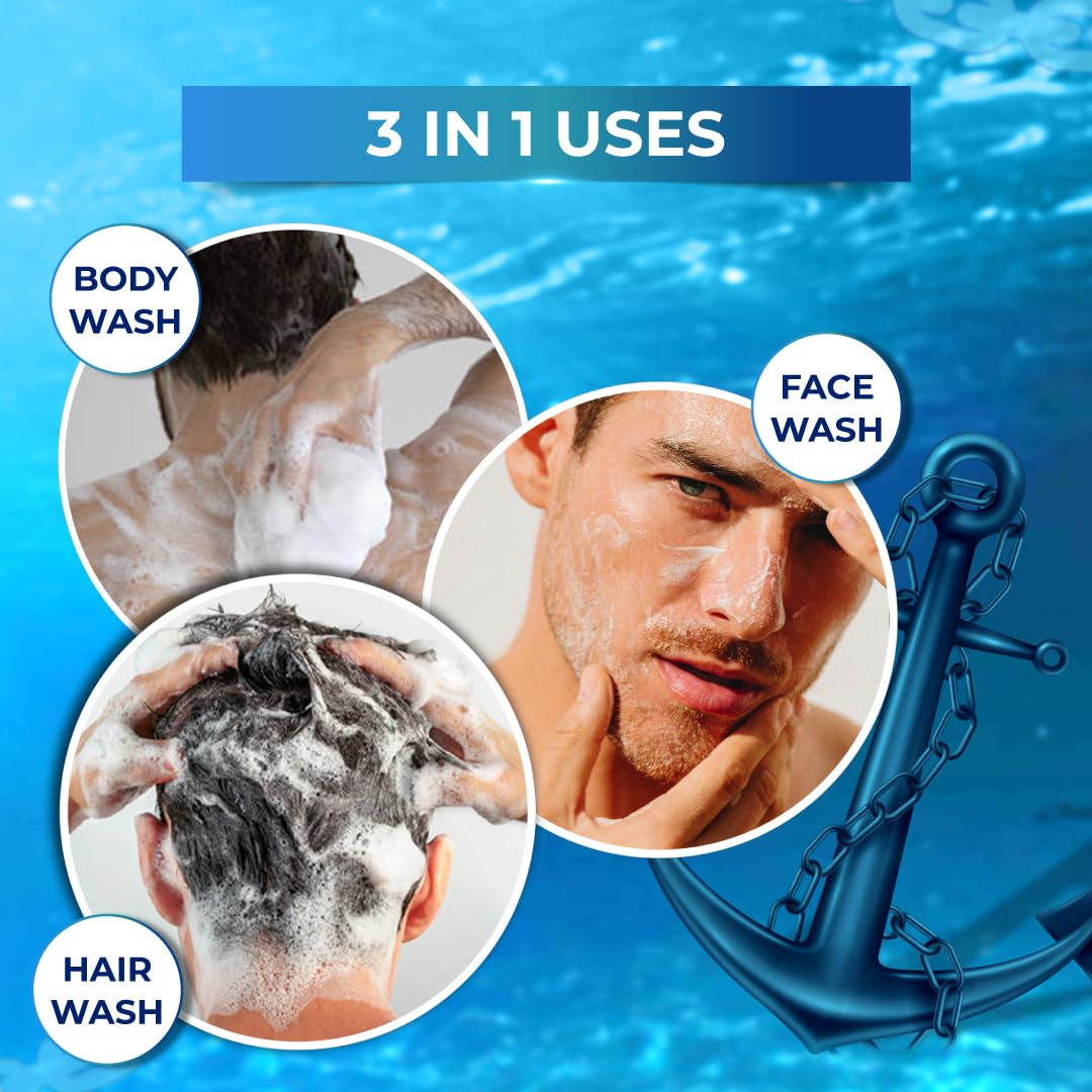 Muuchstac Ocean 3-in-1 Men's Body Wash - Clears Skin, Controls Sweat, Fights Body Acne & Odor | Long-Lasting Freshness Shower Gel (182ml) | Perfect for Gym, Travel & Daily Shower Routine