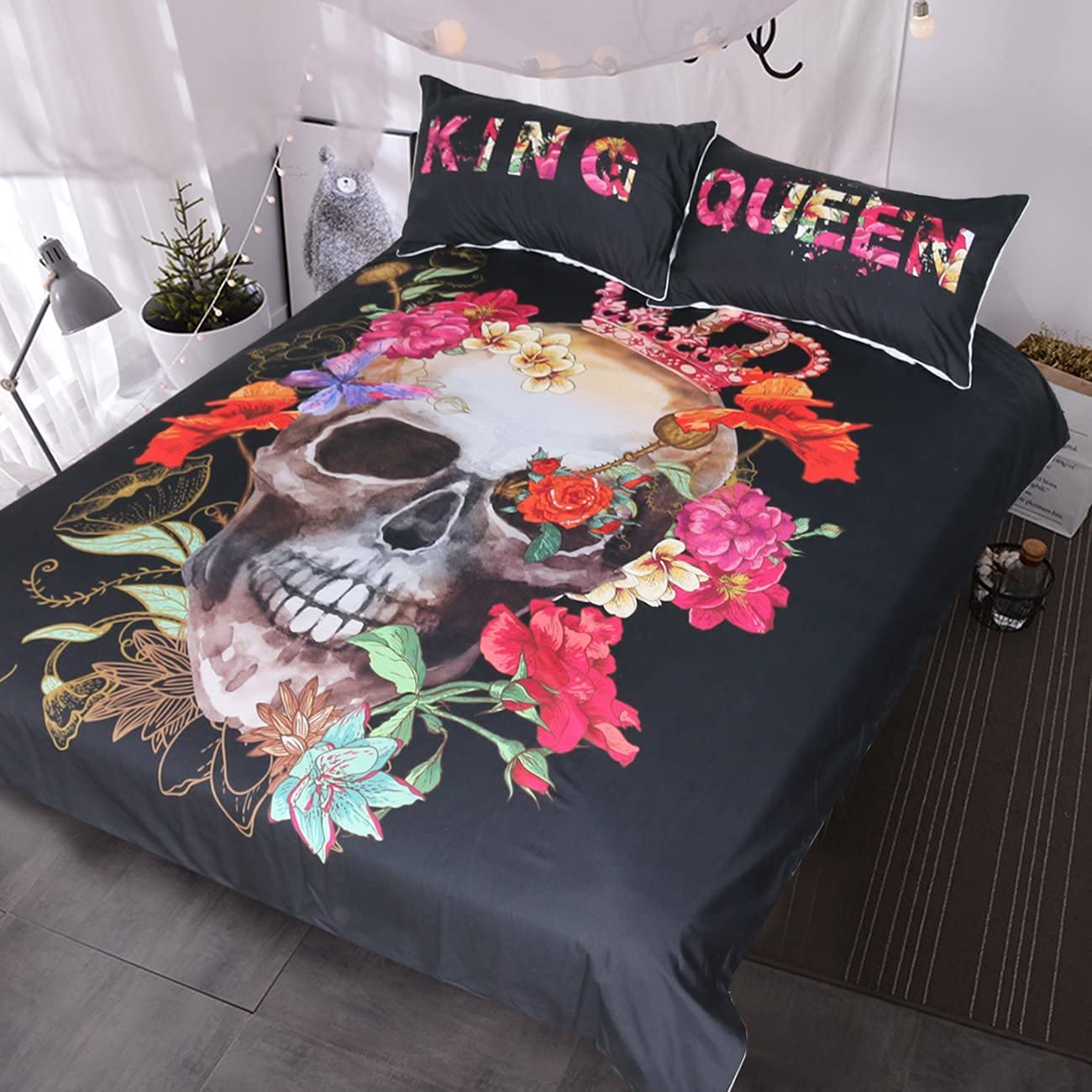 Gothic Sugar Skull Bedding Set King Size - Black & Red for Couples & Halloween Decor