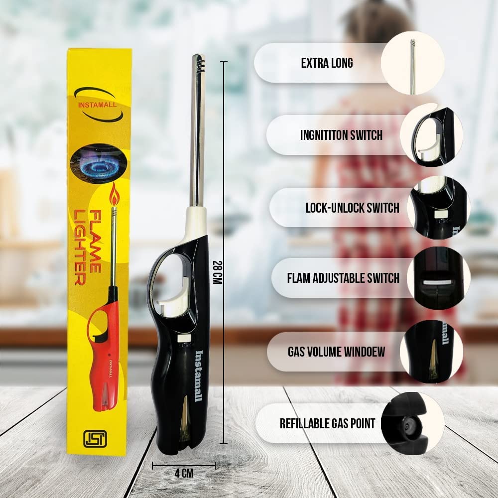 SevanAmaze Refillable Adjustable Flame Lighter - Black ABS Plastic Lighter for Kitchen Stove, BBQ, Candles, Fireplace & Outdoor Camping (Pack of 1) - Perfect for Home, Restaurant & Travel Use