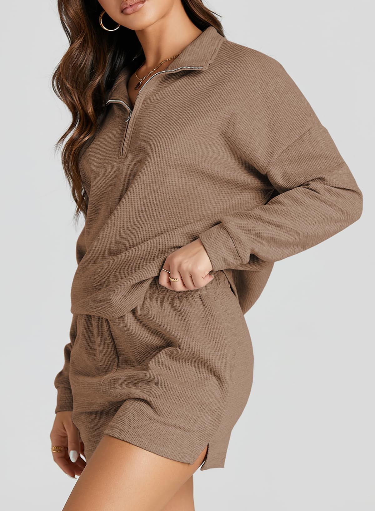 Aleumdr Women's 2 Piece Lounge Set - Soft Waffle Knit Long Sleeve Top & Shorts with Pockets | Comfy Matching Outfit for Home, Travel & Casual Wear | 2025 Fashion Trend