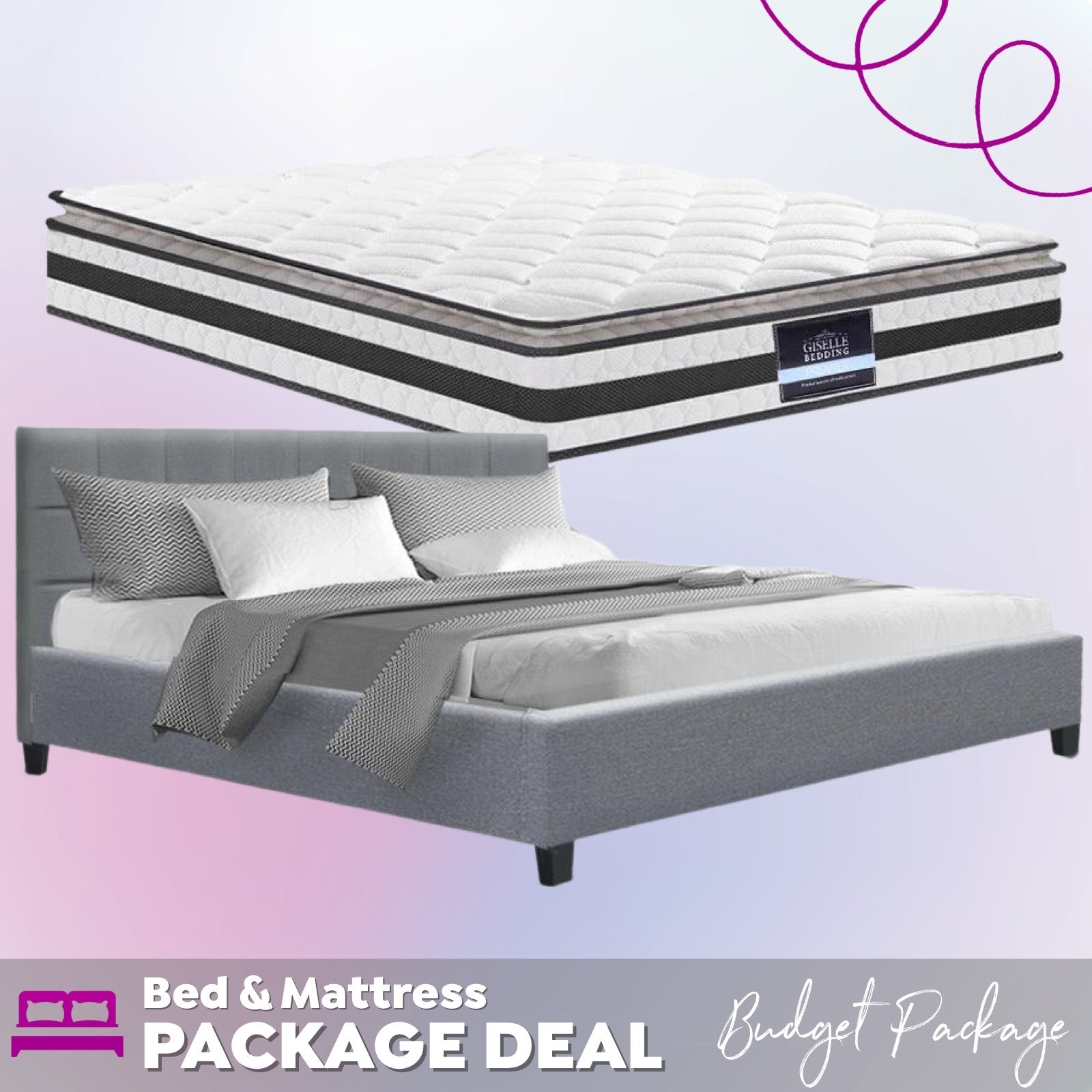 Agnes Bed Grey & Normay Pillow Top Mattress - Medium Firm Queen Size | Premium Comfort for Side & Back Sleepers | Perfect for Guest Rooms & Master Bedrooms