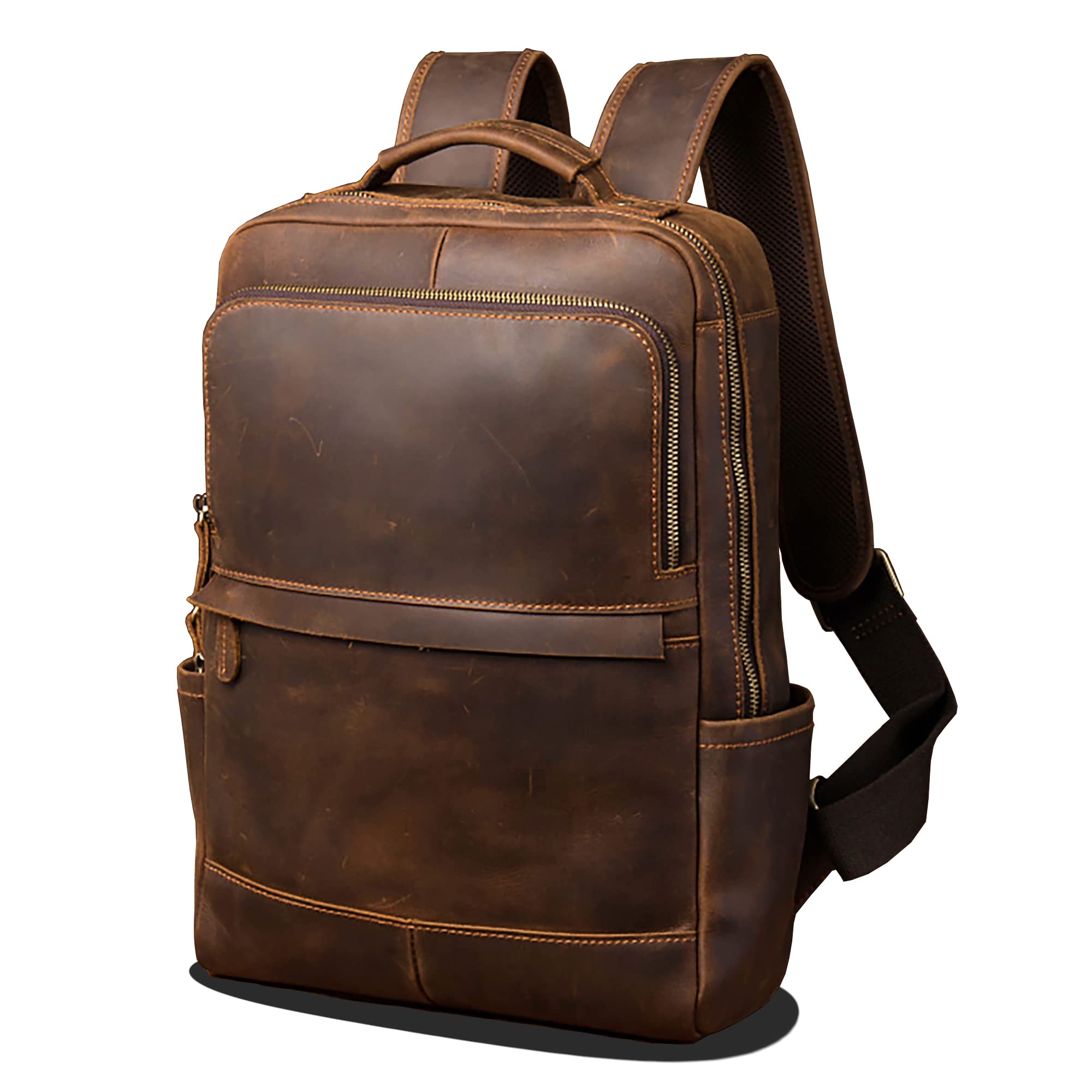 PAHVRION Vintage Genuine Leather 15.6 Inch Laptop Backpack - Anti-Theft Hiking Travel Bag for Men & Women, Waterproof Camping Daypack & College Bookbag - Perfect for Work, School & Outdoor Adventures