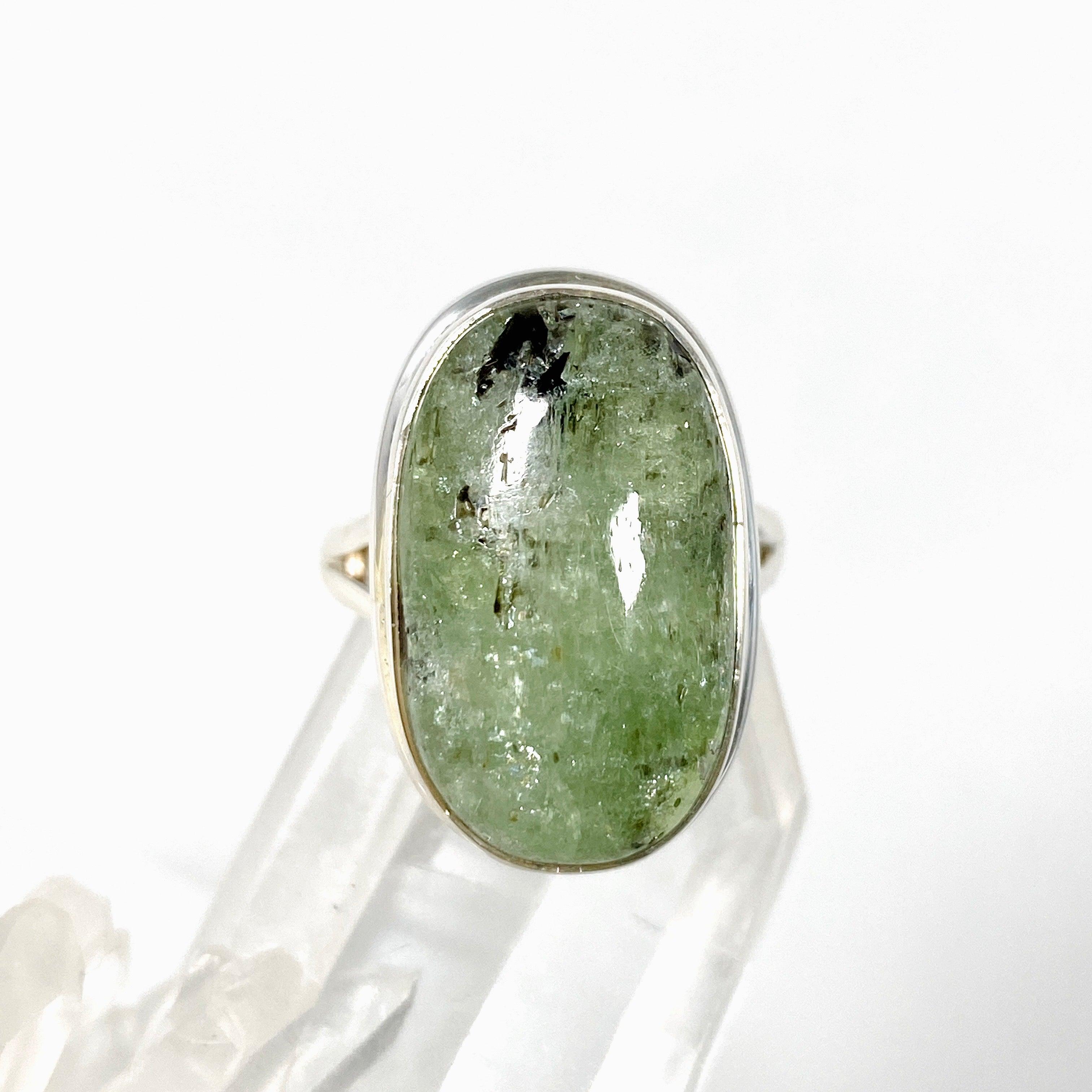 Natural Green Kyanite Oval Ring Size 7 - Handmade Sterling Silver Jewelry for Women - Perfect for Meditation, Healing & Spiritual Practices