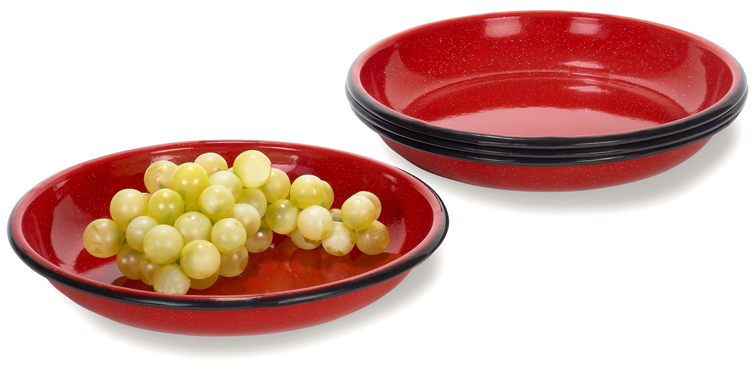 Red Co. Set of 4 Enamelware Metal 10” Round Camping Plates - Speckled White with Red/Black Rim | Durable Outdoor Dinnerware for Picnics, BBQs & Camping Trips