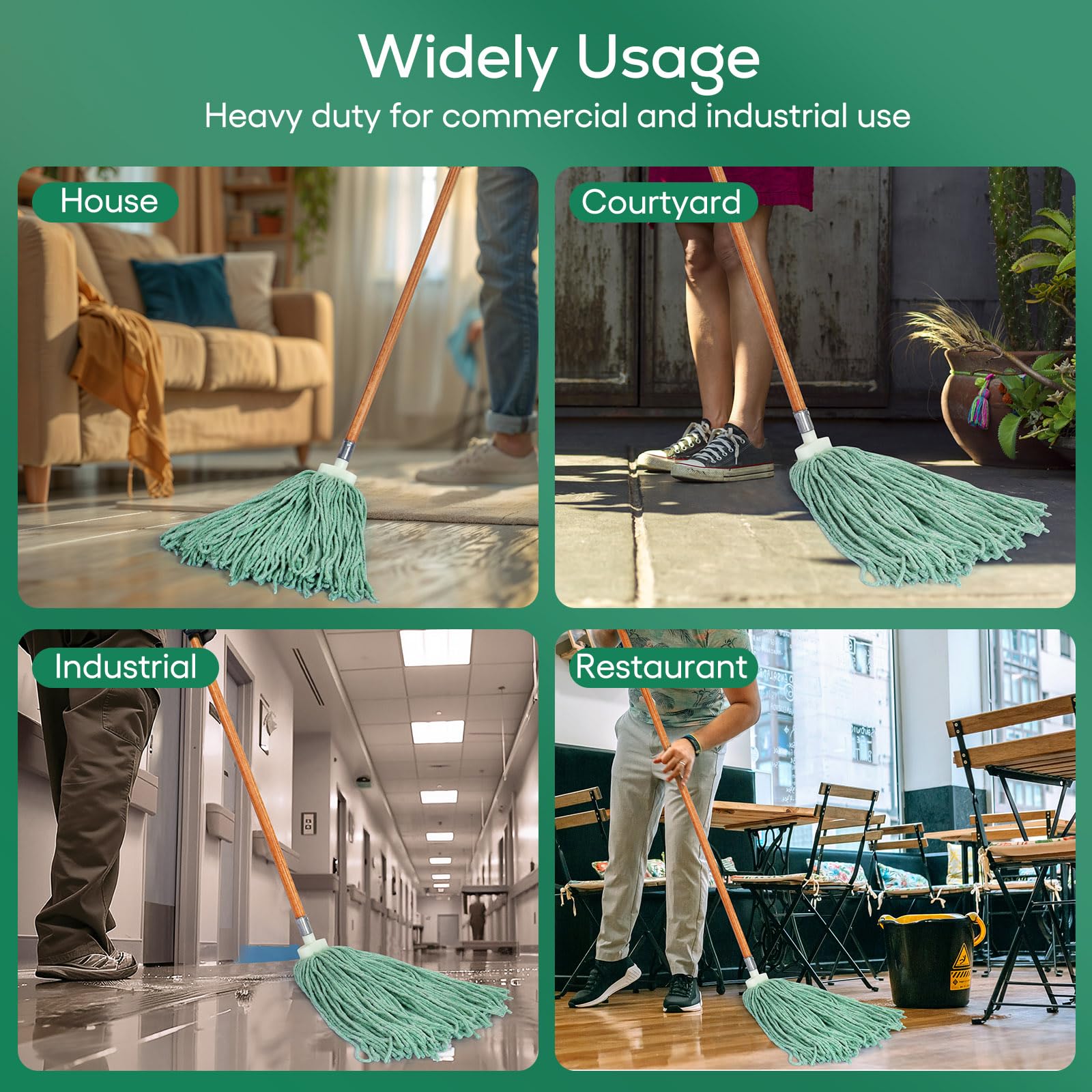 Heavy Duty Cotton Wet Mop Heads (3-Pack) with Microfiber Cloths - for Home & Commercial Cleaning