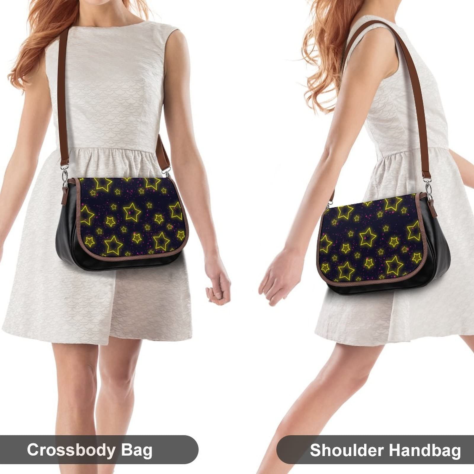 Stylish Women's Leather Crossbody Bag - Designer Shoulder Messenger Purse with Printed Flap in Black Starry Sky Pattern | Perfect for Work, Travel & Everyday Use