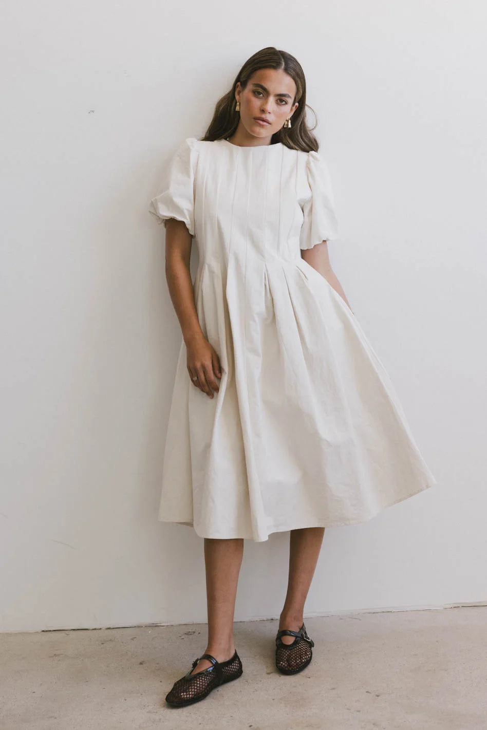 Eliana Pleated Midi Dress in Cream | Women's Elegant Party & Wedding Guest Dress | Perfect for Formal Events, Cocktail Parties & Special Occasions