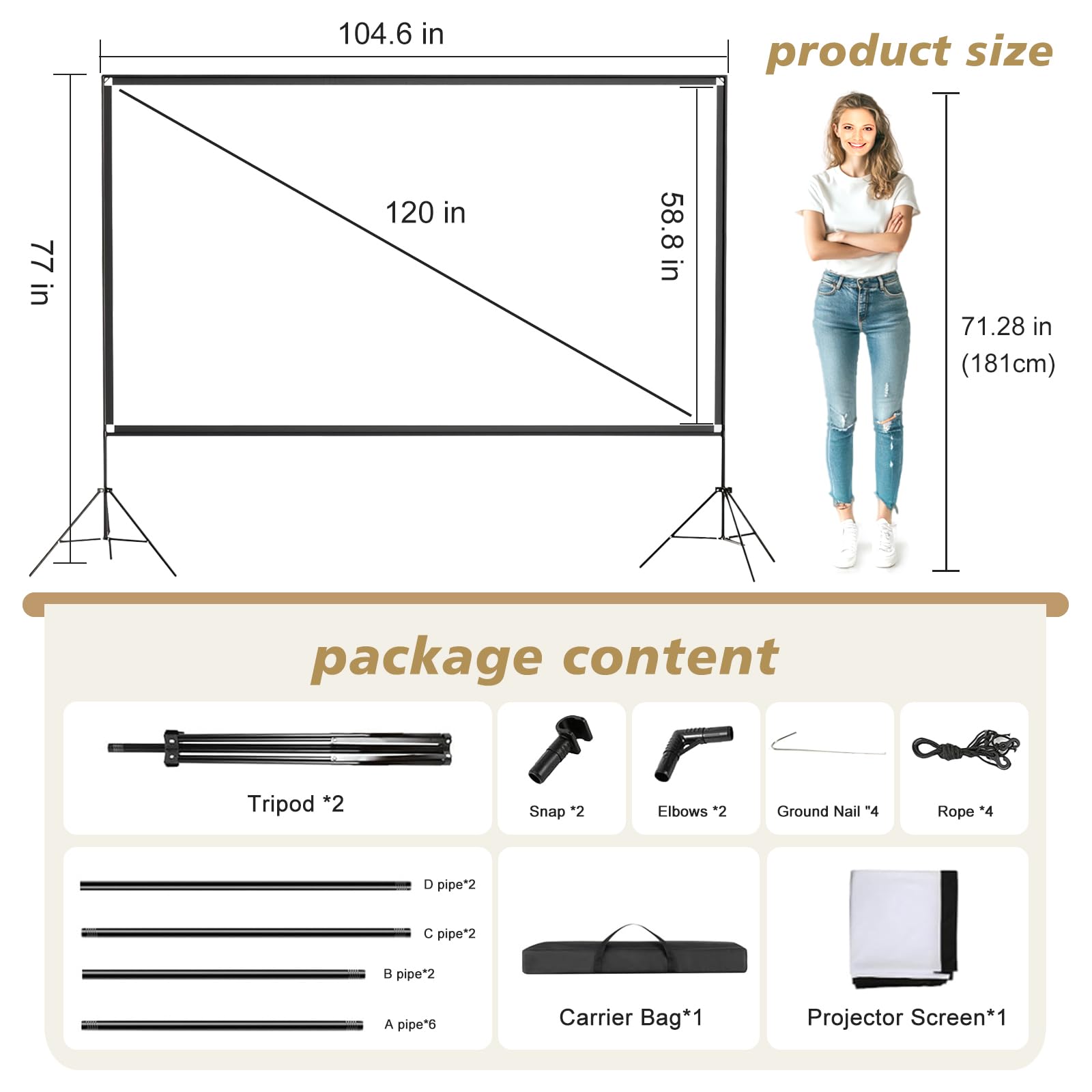120 Inch Portable Outdoor Projector Screen with Stand & Carry Bag - 16:9 HD 4K Wrinkle-Free Foldable Screen for Backyard Movies, Camping & Home Theater - Easy Setup & Storage